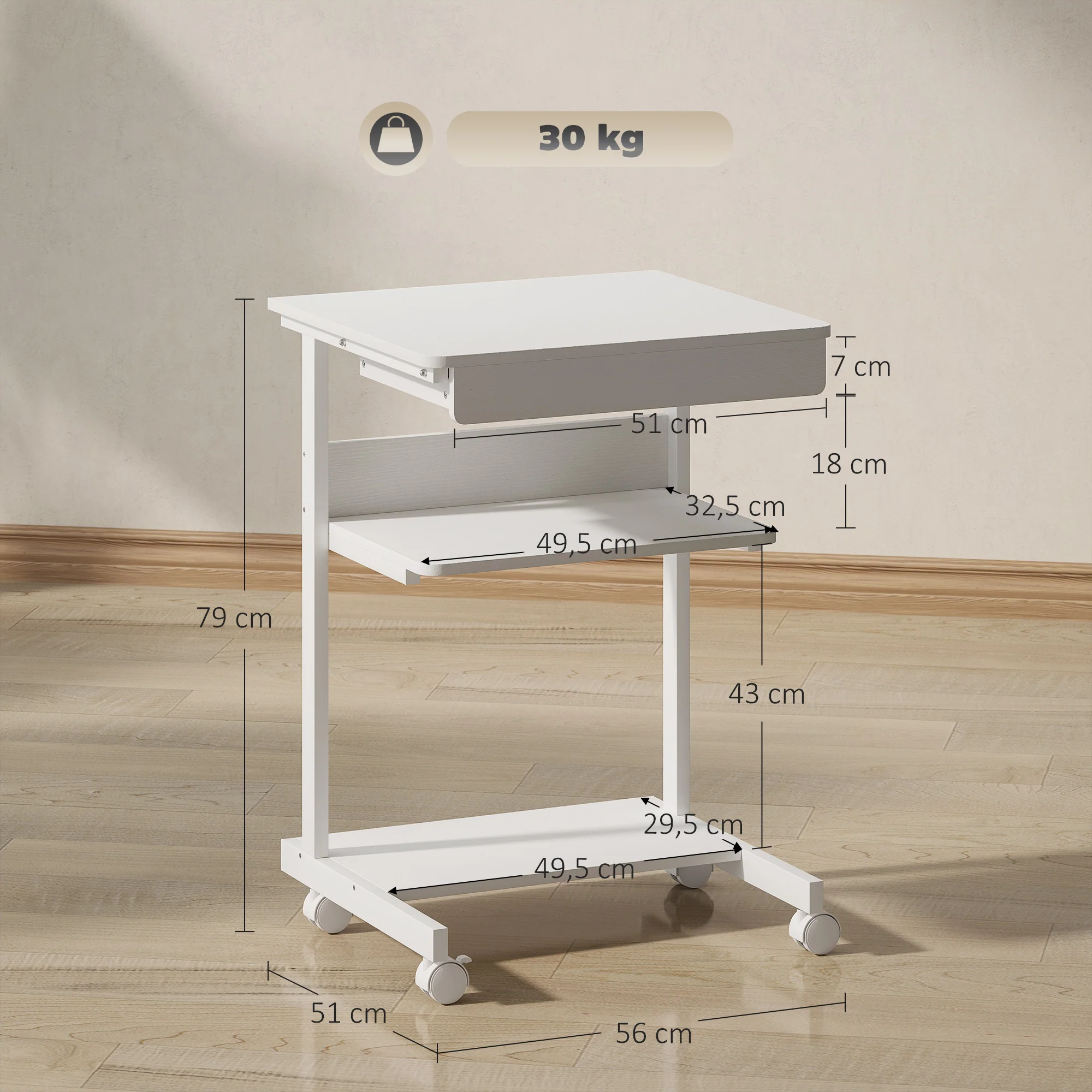 Bureau d'ordinateur sur roues, bureau avec rangement 56 x 51 cm avec tiroir, compartiment et support CPU, table informatique pour étudier pour petits espaces chambre, blanc - Image 4