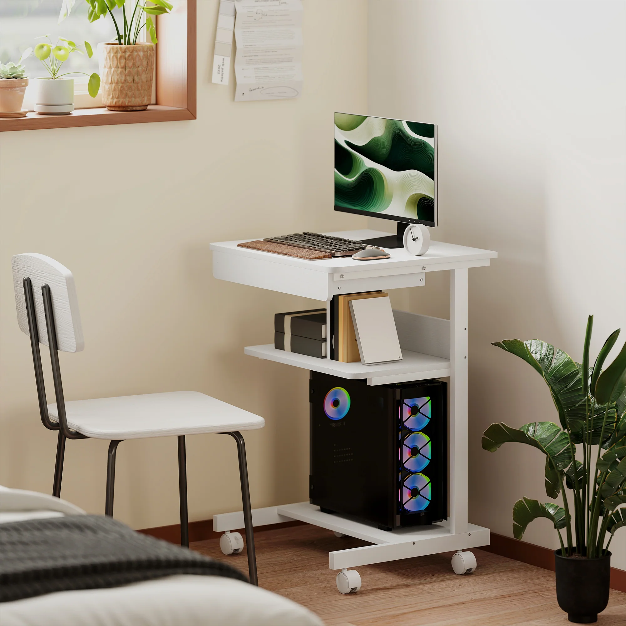 Bureau d'ordinateur sur roues, bureau avec rangement 56 x 51 cm avec tiroir, compartiment et support CPU, table informatique pour étudier pour petits espaces chambre, blanc - Image 7