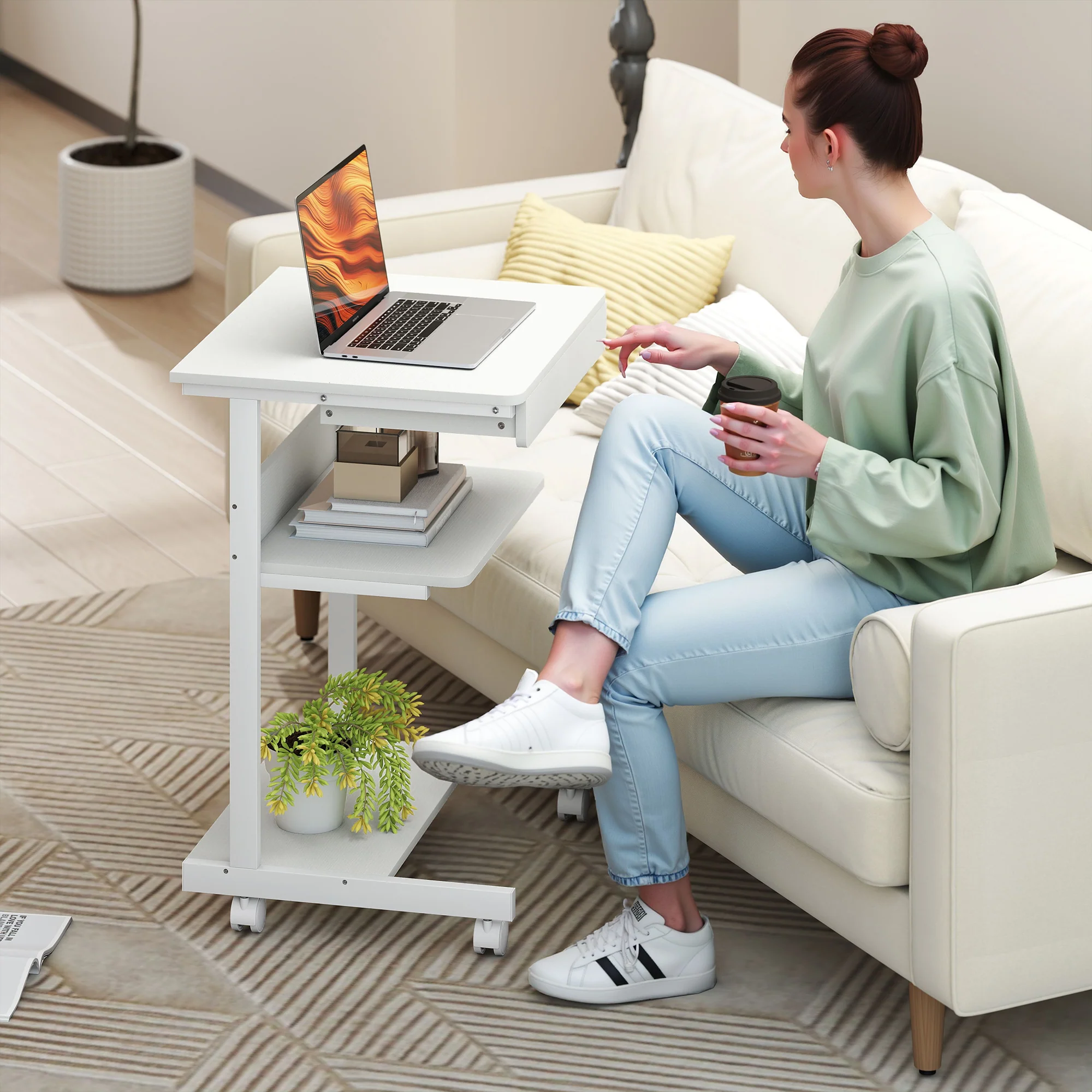 Bureau d'ordinateur sur roues, bureau avec rangement 56 x 51 cm avec tiroir, compartiment et support CPU, table informatique pour étudier pour petits espaces chambre, blanc - Image 9