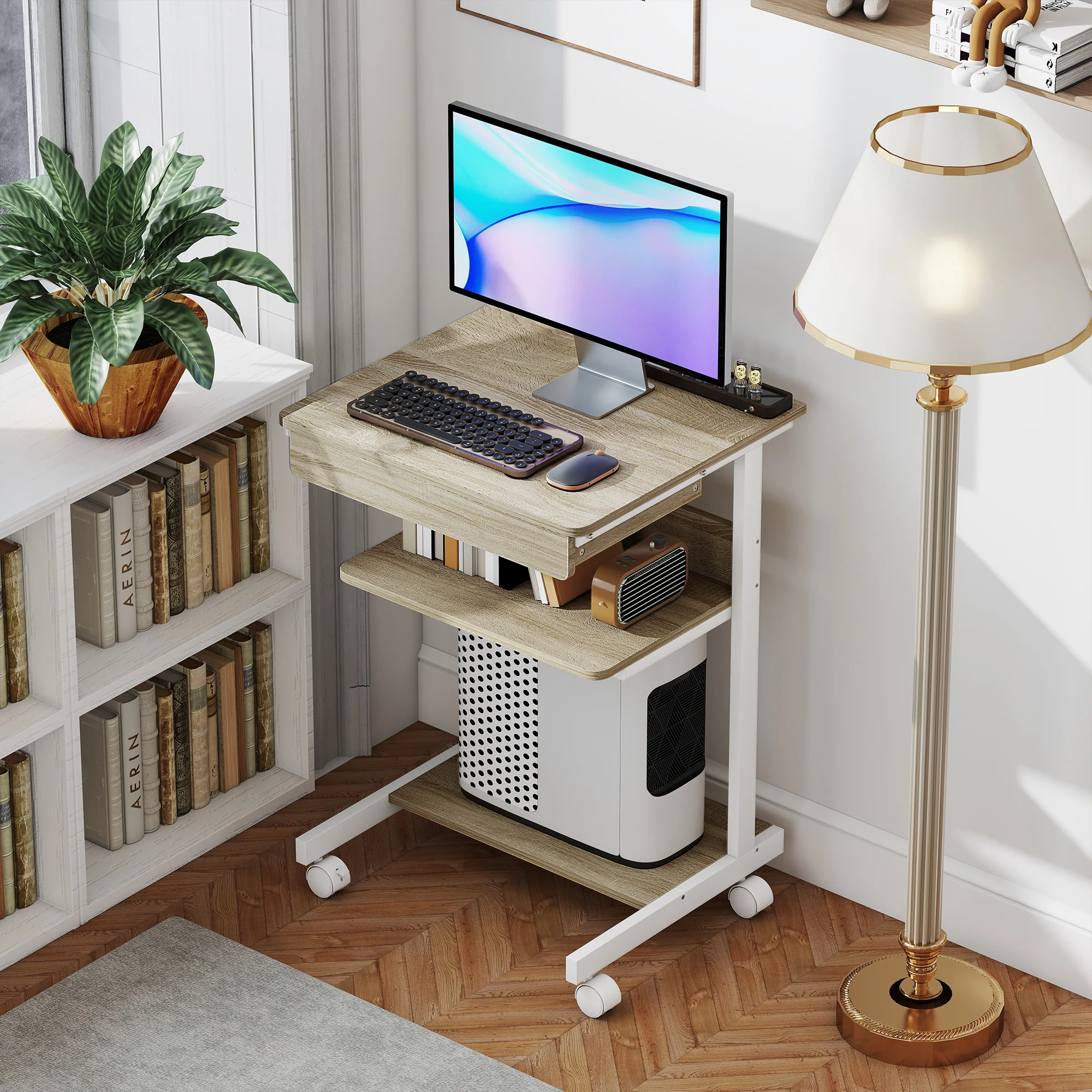 Bureau d'ordinateur sur roues, bureau avec rangement 56 x 51 cm avec tiroir, compartiment et support CPU, table informatique pour étudier pour petits espaces chambre, chêne - Image 10
