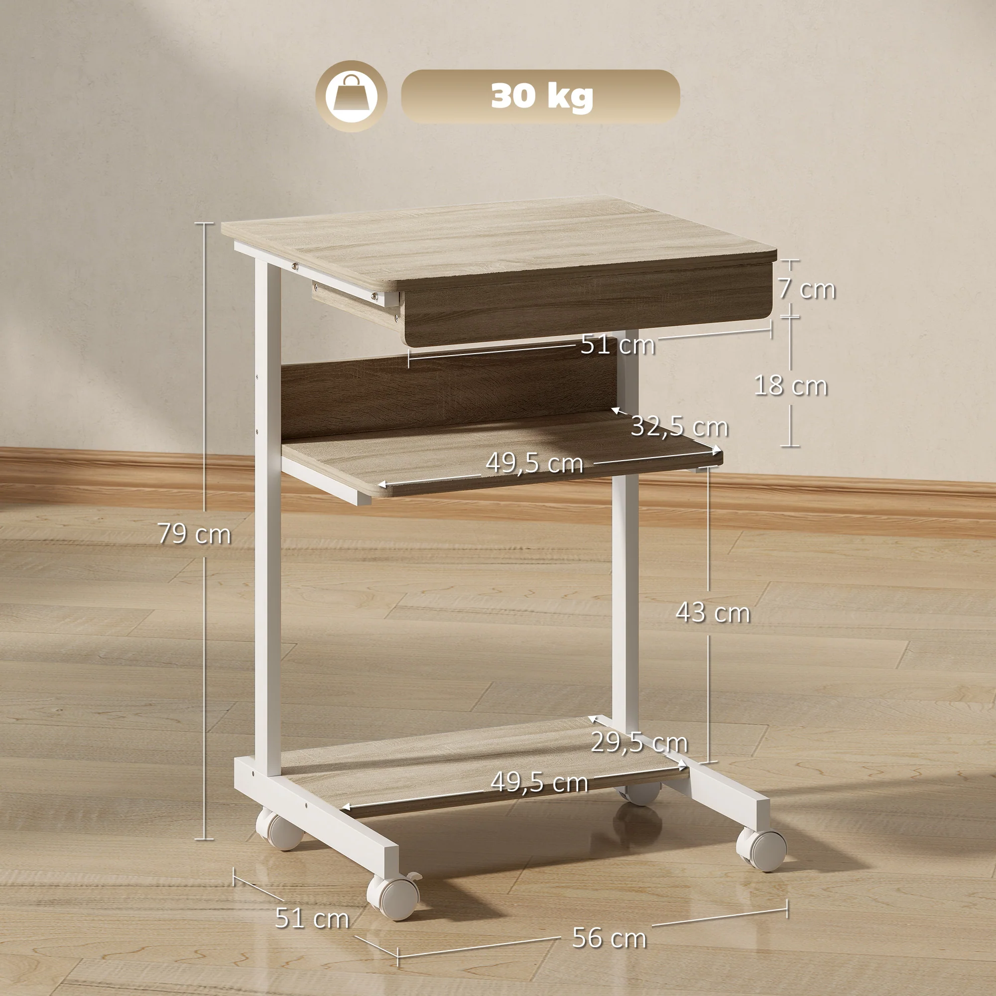 Bureau d'ordinateur sur roues, bureau avec rangement 56 x 51 cm avec tiroir, compartiment et support CPU, table informatique pour étudier pour petits espaces chambre, chêne - Image 4