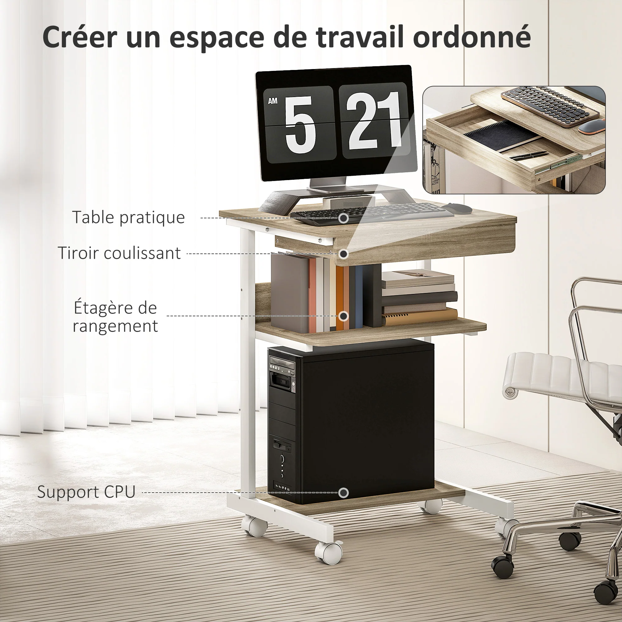 Bureau d'ordinateur sur roues, bureau avec rangement 56 x 51 cm avec tiroir, compartiment et support CPU, table informatique pour étudier pour petits espaces chambre, chêne - Image 5