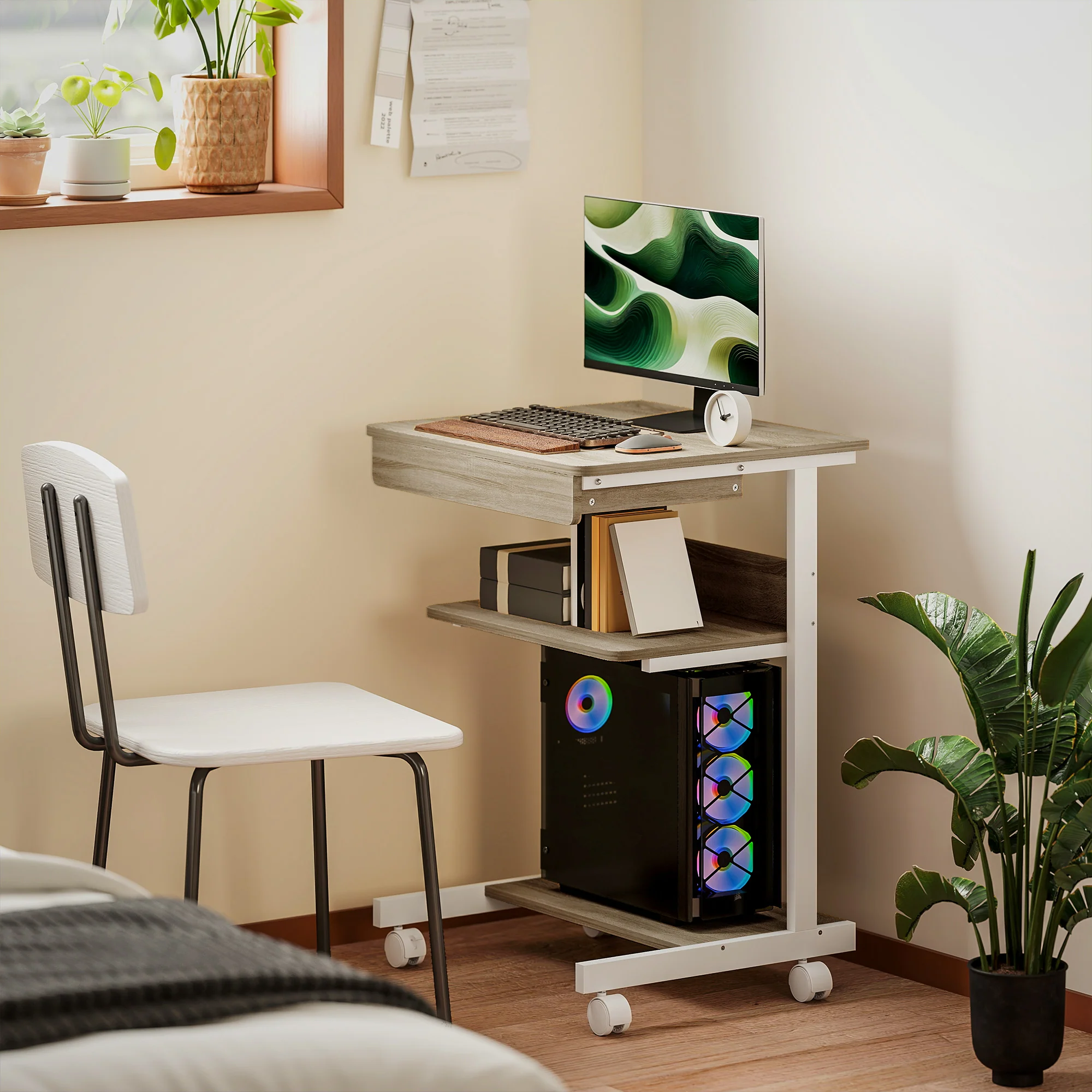 Bureau d'ordinateur sur roues, bureau avec rangement 56 x 51 cm avec tiroir, compartiment et support CPU, table informatique pour étudier pour petits espaces chambre, chêne - Image 7