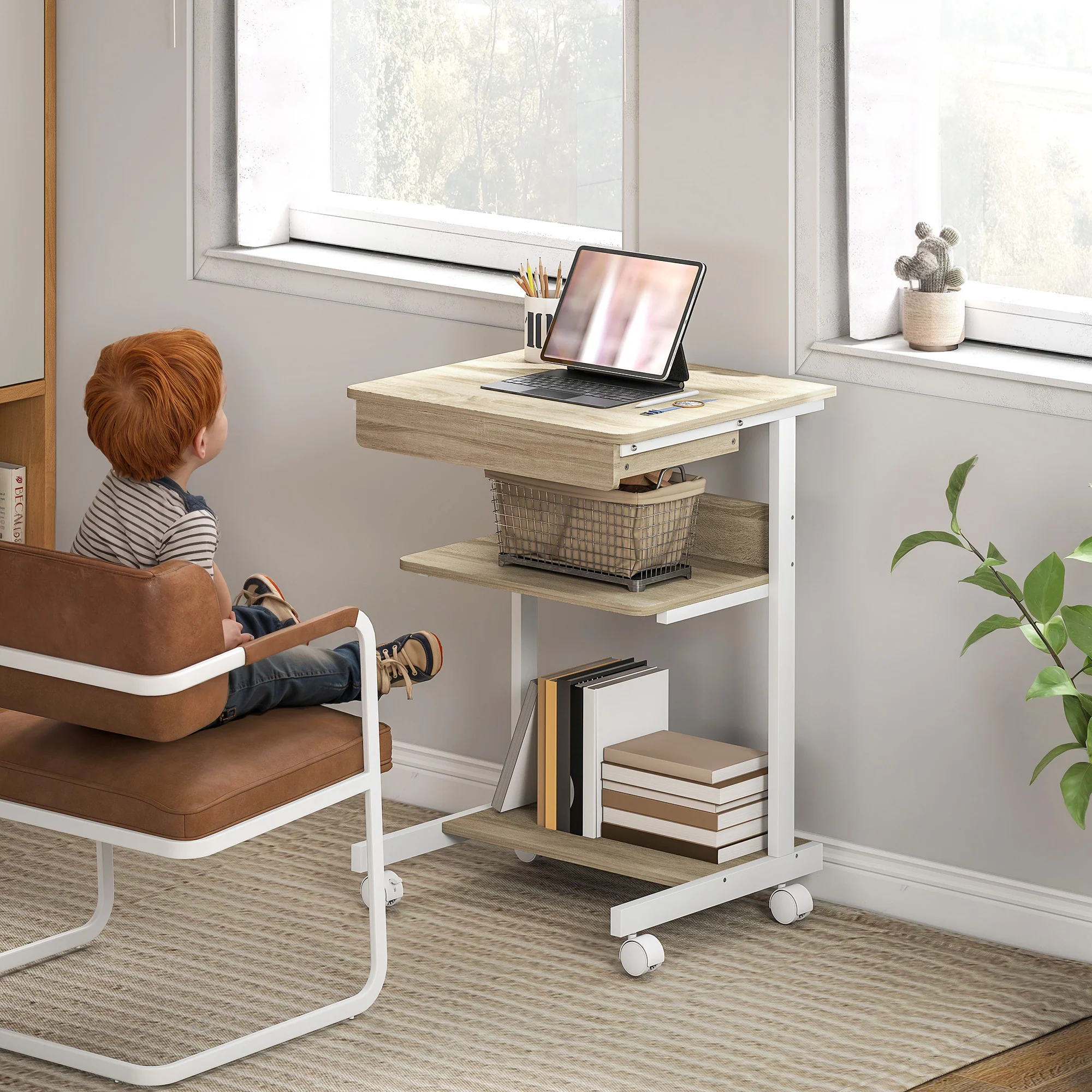 Bureau d'ordinateur sur roues, bureau avec rangement 56 x 51 cm avec tiroir, compartiment et support CPU, table informatique pour étudier pour petits espaces chambre, chêne - Image 8