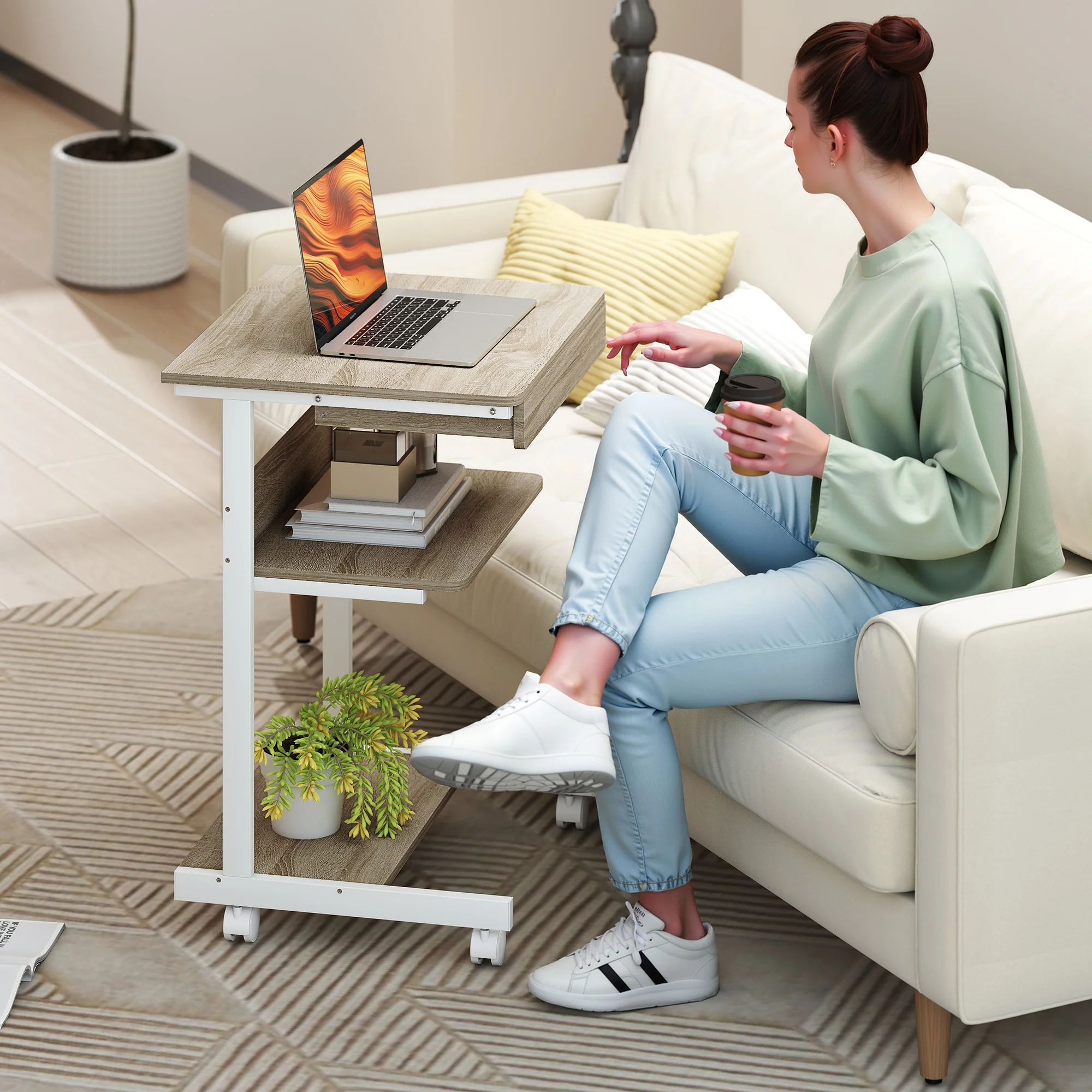 Bureau d'ordinateur sur roues, bureau avec rangement 56 x 51 cm avec tiroir, compartiment et support CPU, table informatique pour étudier pour petits espaces chambre, chêne - Image 9