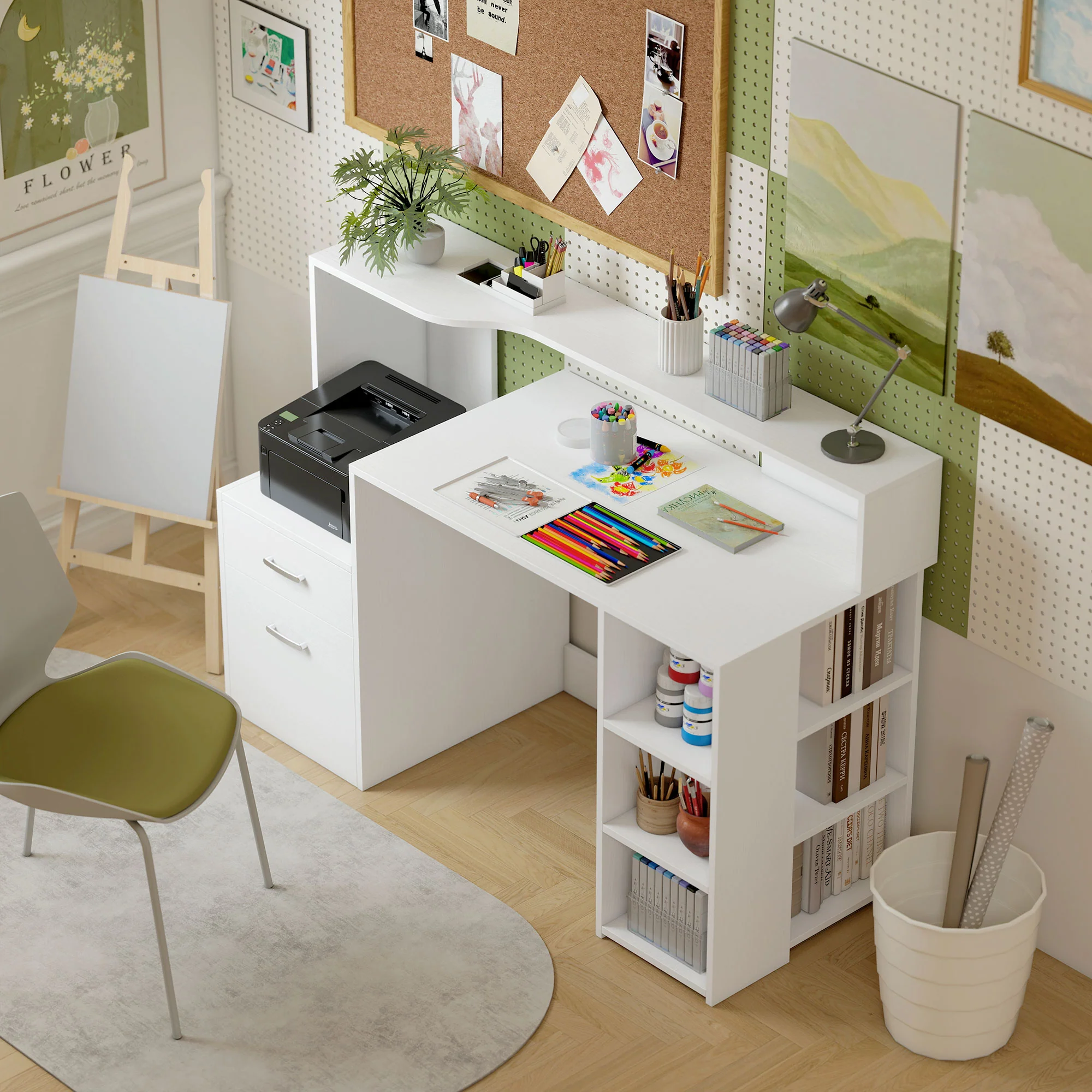 Bureau informatique avec 2 tiroirs, bureau avec rangement, 137 x 55 x 92 cm, étagères ouvertes et tablette d'imprimante, style moderne, table d'ordinateur pour chambre, studio, blanc - Image 10