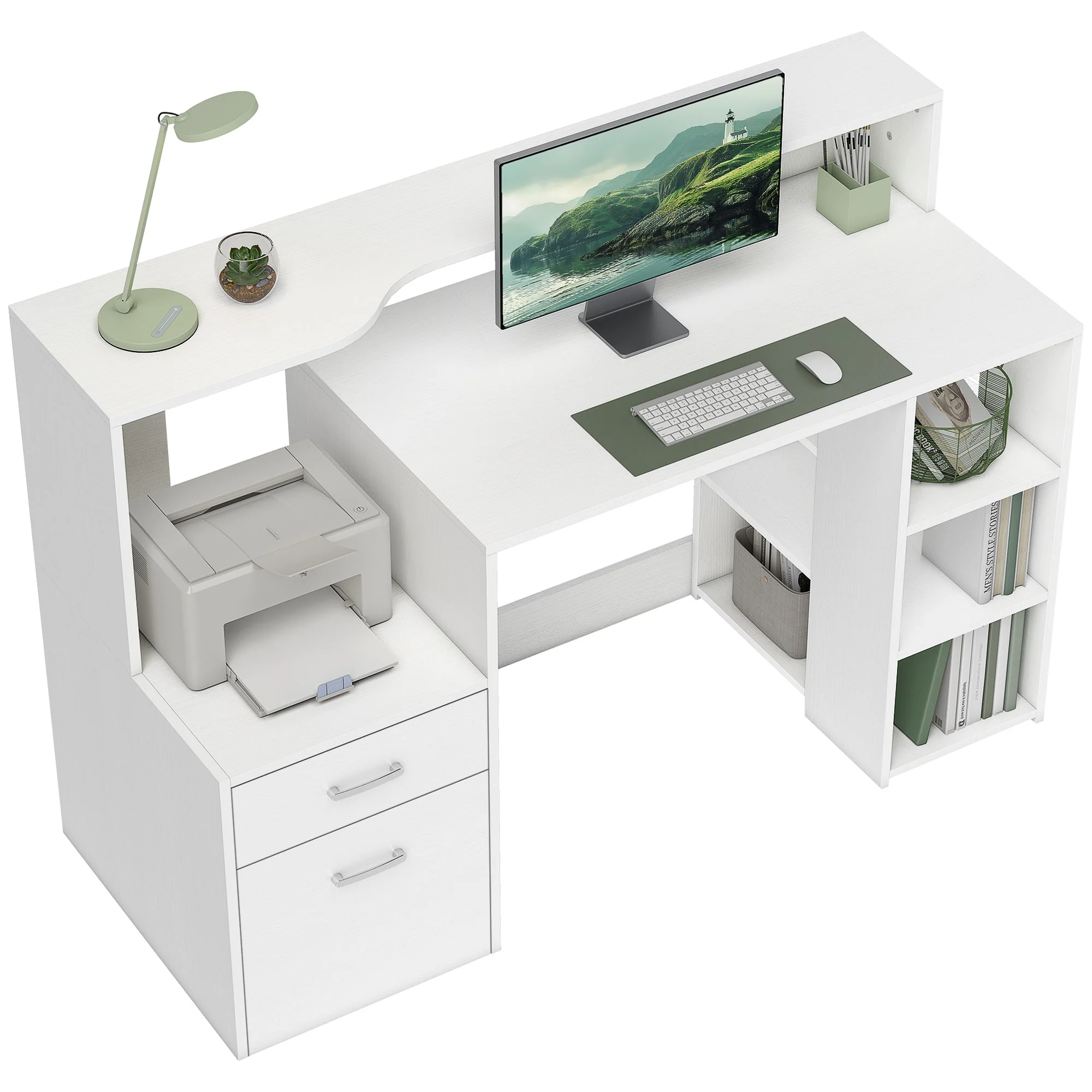 Bureau informatique avec 2 tiroirs, bureau avec rangement, 137 x 55 x 92 cm, étagères ouvertes et tablette d'imprimante, style moderne, table d'ordinateur pour chambre, studio, blanc - Image 11