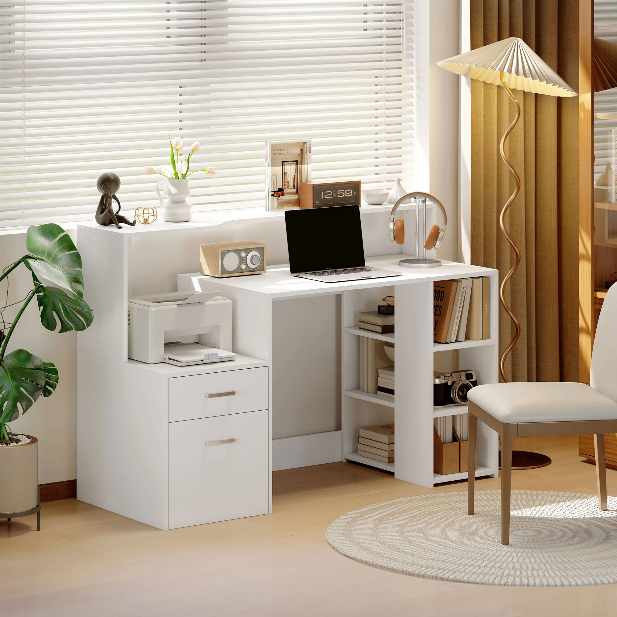 Bureau informatique avec 2 tiroirs, bureau avec rangement, 137 x 55 x 92 cm, étagères ouvertes et tablette d'imprimante, style moderne, table d'ordinateur pour chambre, studio, blanc - Image 3