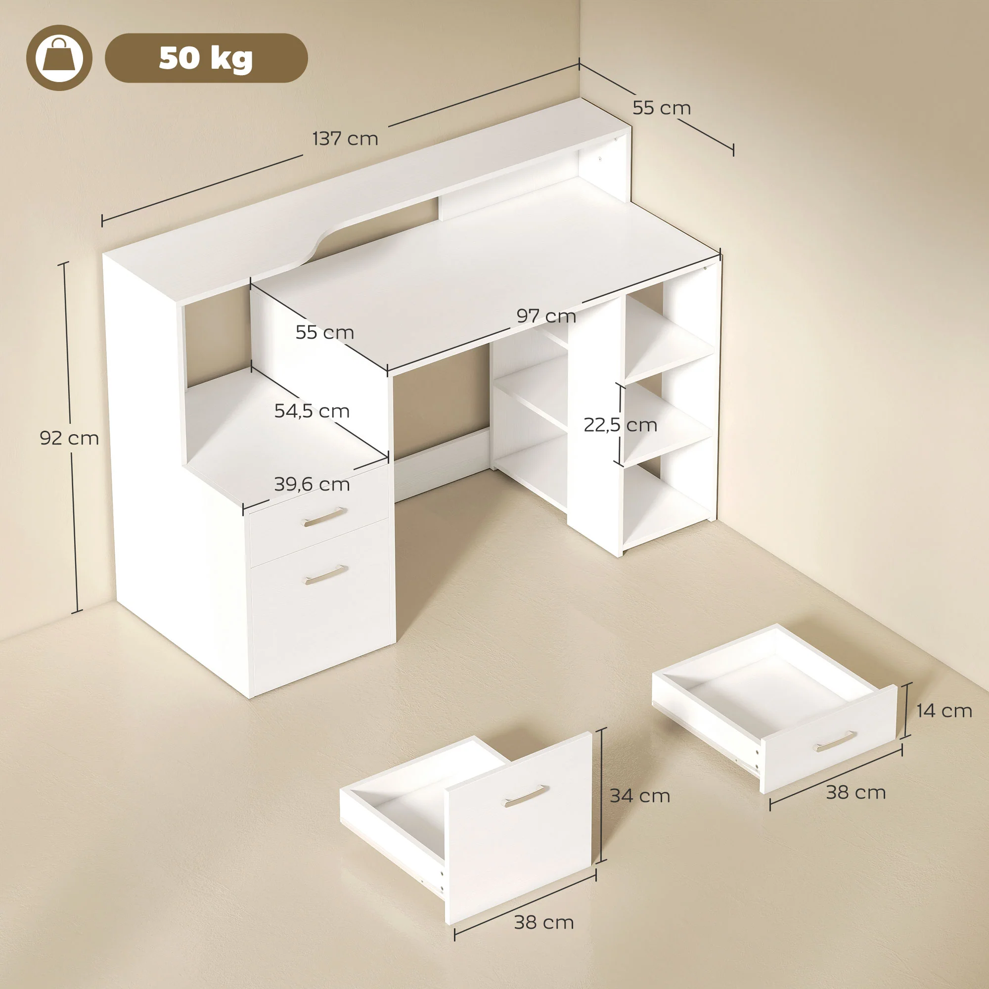 Bureau informatique avec 2 tiroirs, bureau avec rangement, 137 x 55 x 92 cm, étagères ouvertes et tablette d'imprimante, style moderne, table d'ordinateur pour chambre, studio, blanc - Image 4