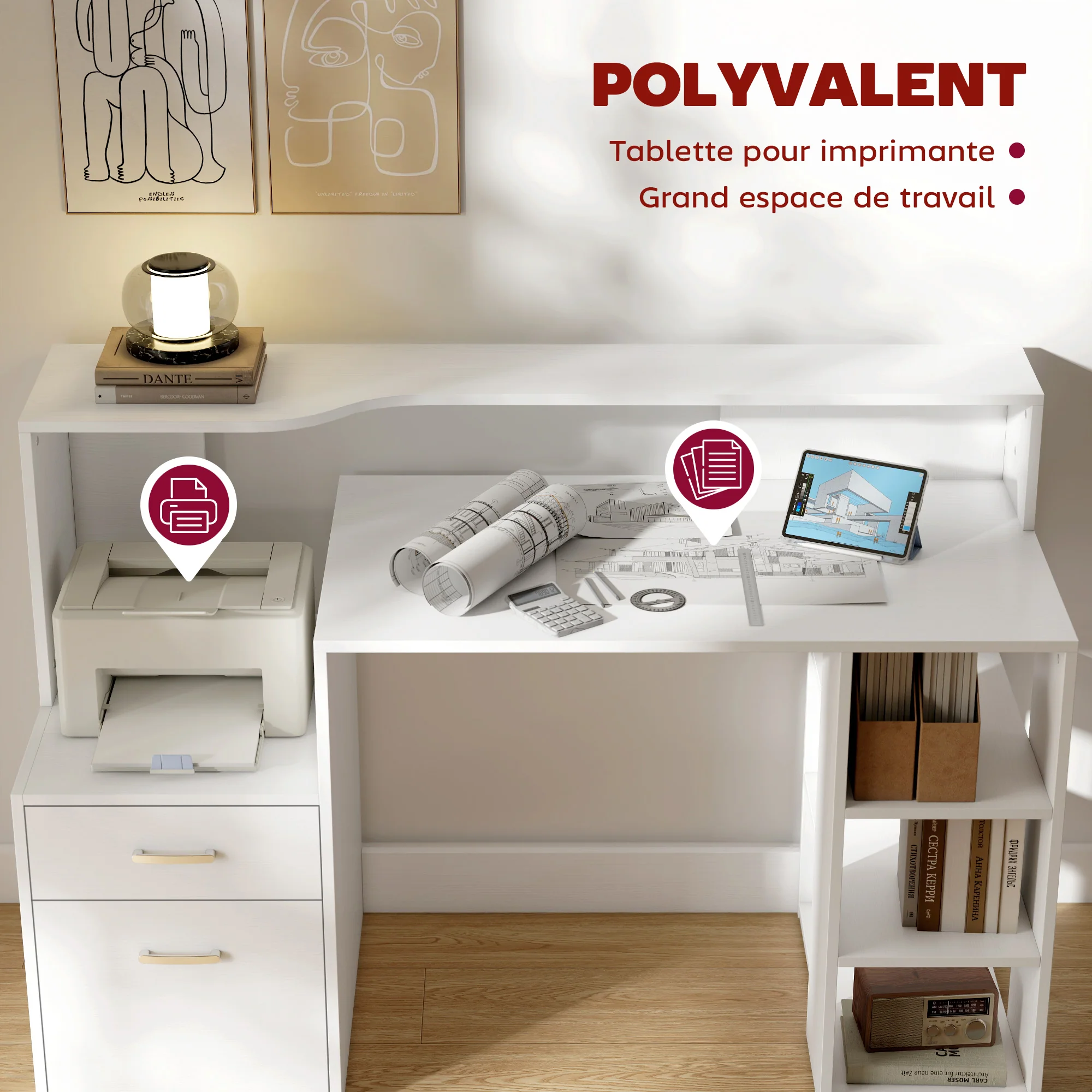 Bureau informatique avec 2 tiroirs, bureau avec rangement, 137 x 55 x 92 cm, étagères ouvertes et tablette d'imprimante, style moderne, table d'ordinateur pour chambre, studio, blanc - Image 5