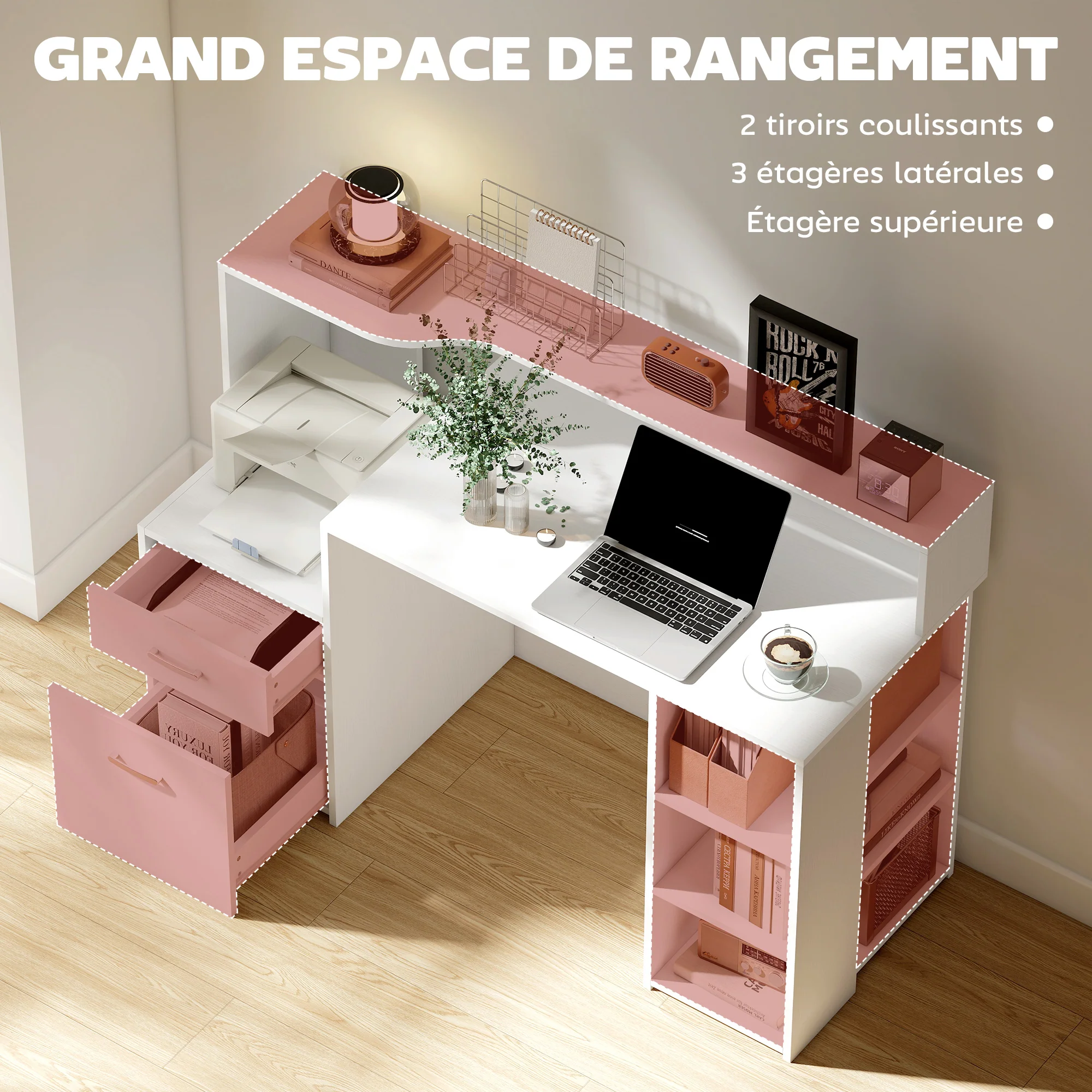 Bureau informatique avec 2 tiroirs, bureau avec rangement, 137 x 55 x 92 cm, étagères ouvertes et tablette d'imprimante, style moderne, table d'ordinateur pour chambre, studio, blanc - Image 6
