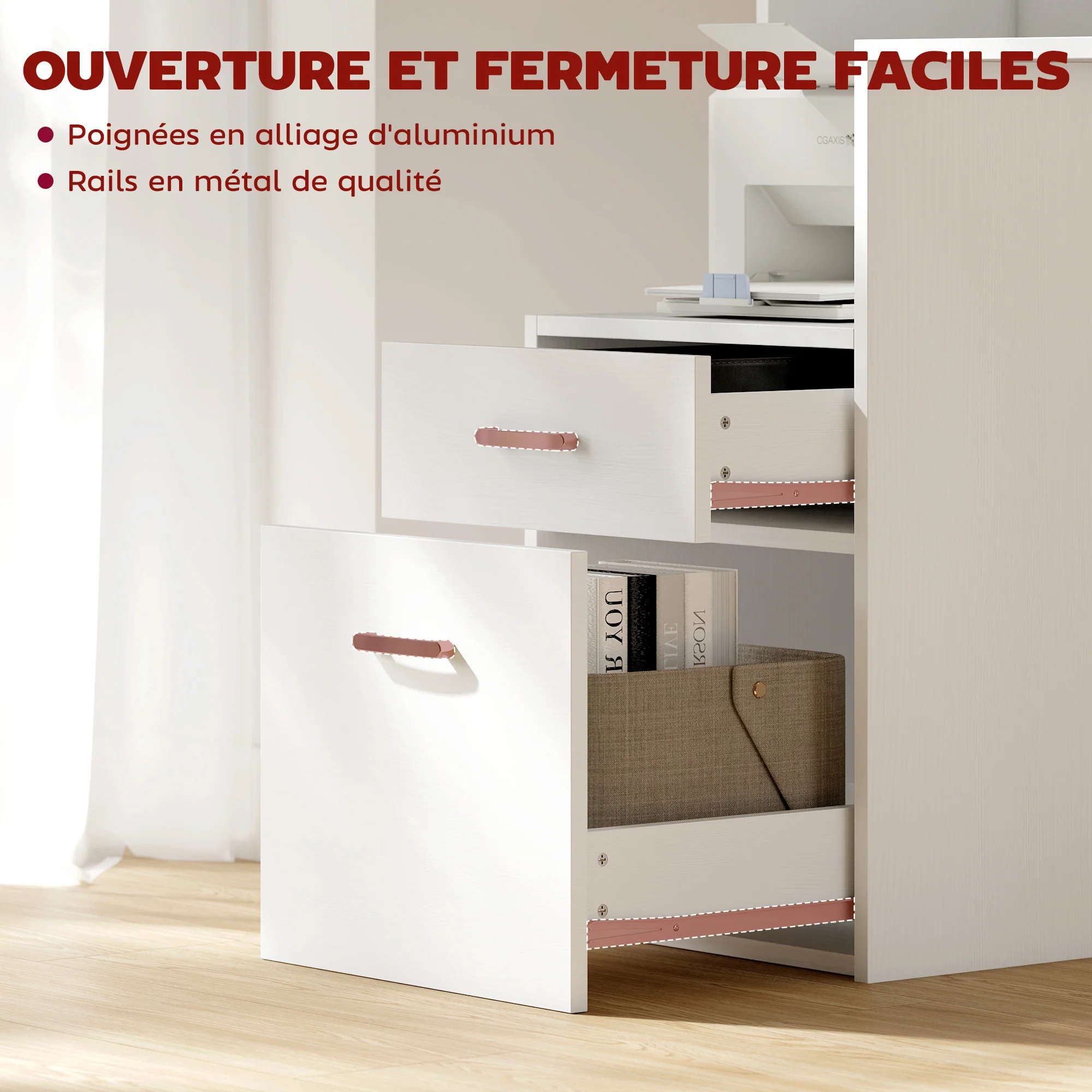 Bureau informatique avec 2 tiroirs, bureau avec rangement, 137 x 55 x 92 cm, étagères ouvertes et tablette d'imprimante, style moderne, table d'ordinateur pour chambre, studio, blanc - Image 7