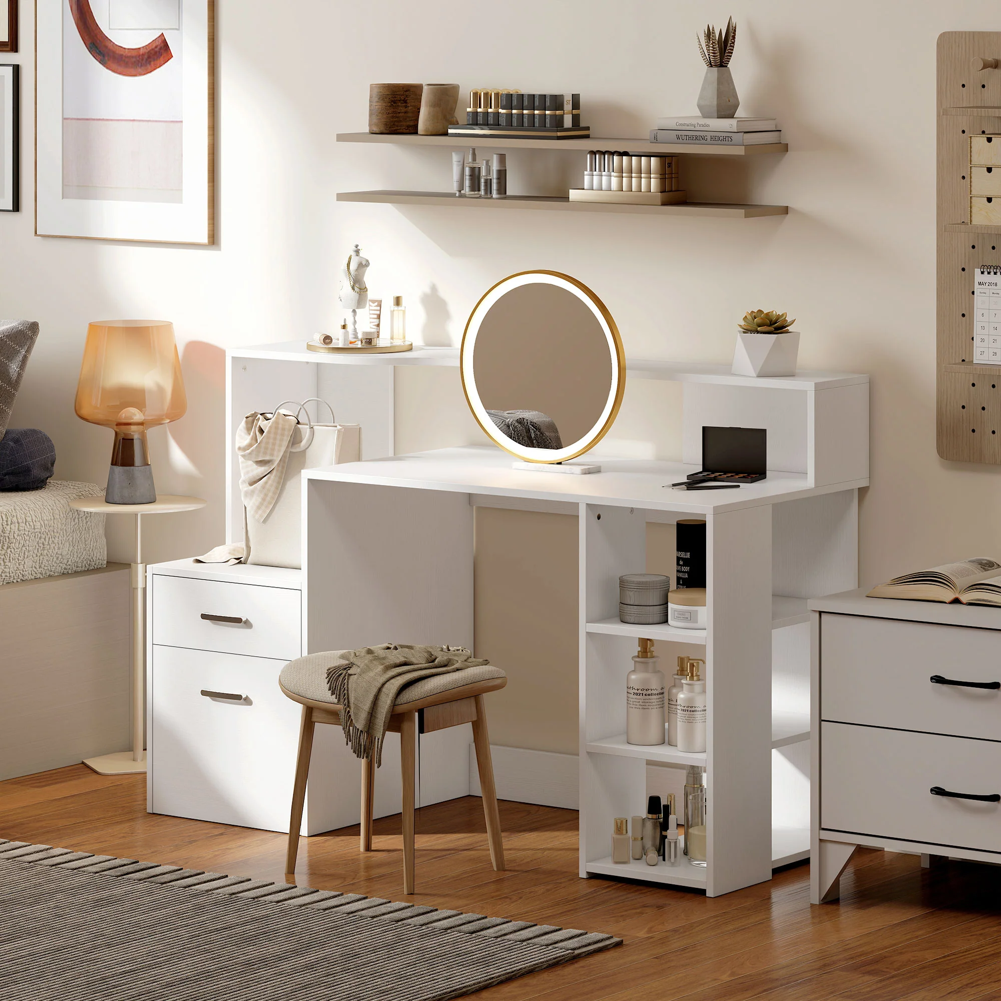 Bureau informatique avec 2 tiroirs, bureau avec rangement, 137 x 55 x 92 cm, étagères ouvertes et tablette d'imprimante, style moderne, table d'ordinateur pour chambre, studio, blanc - Image 8