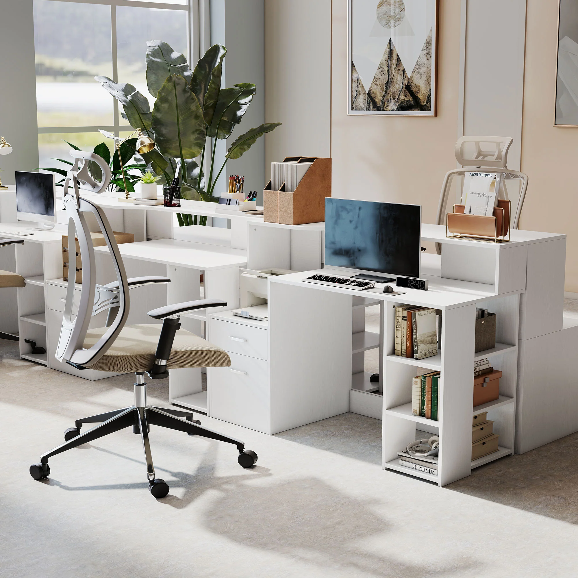 Bureau informatique avec 2 tiroirs, bureau avec rangement, 137 x 55 x 92 cm, étagères ouvertes et tablette d'imprimante, style moderne, table d'ordinateur pour chambre, studio, blanc - Image 9