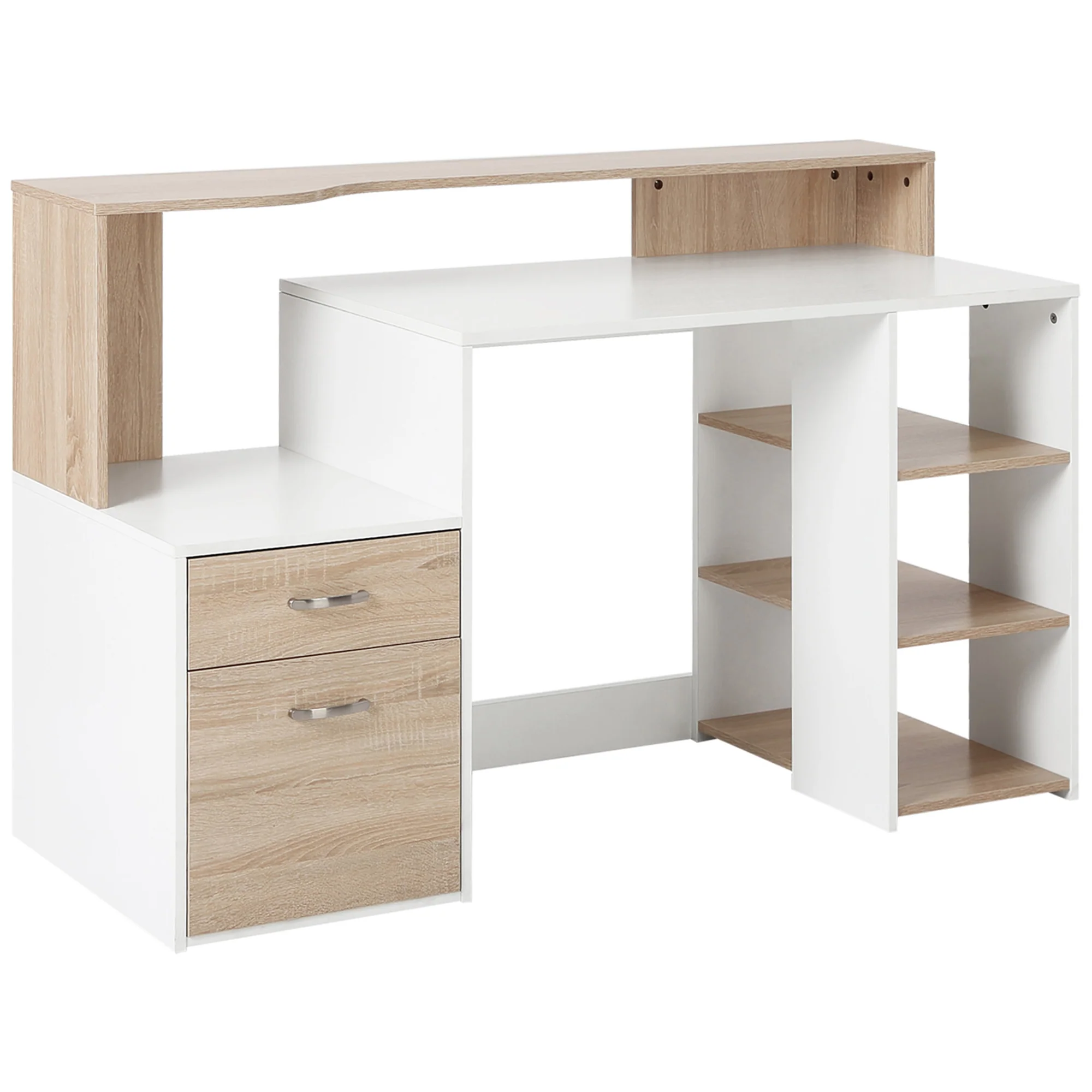 Bureau informatique avec 2 tiroirs, bureau avec rangement, 137 x 55 x 92 cm, étagères ouvertes et tablette d'imprimante, style moderne, table d'ordinateur pour chambre, studio, chêne