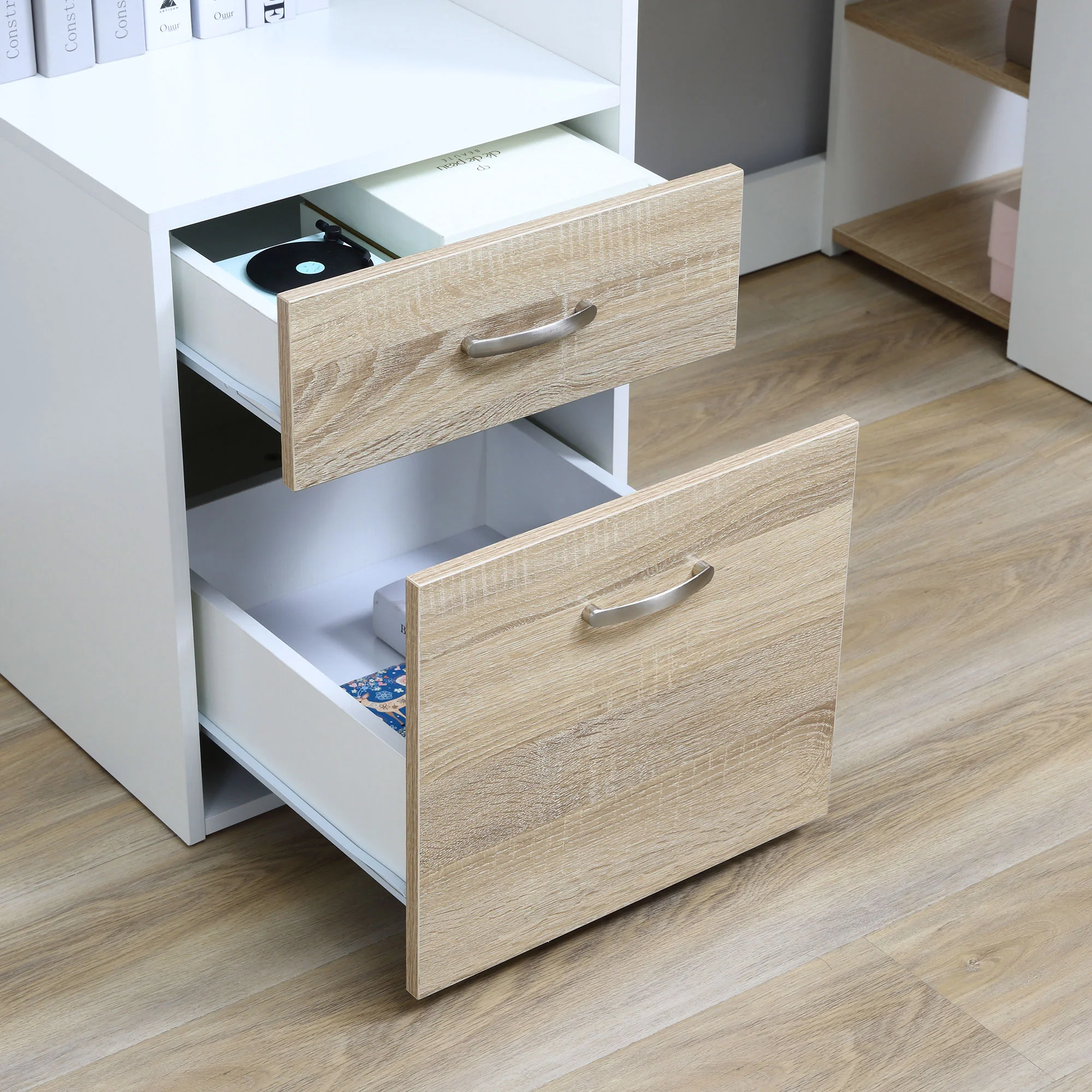 Bureau informatique avec 2 tiroirs, bureau avec rangement, 137 x 55 x 92 cm, étagères ouvertes et tablette d'imprimante, style moderne, table d'ordinateur pour chambre, studio, chêne - Image 10