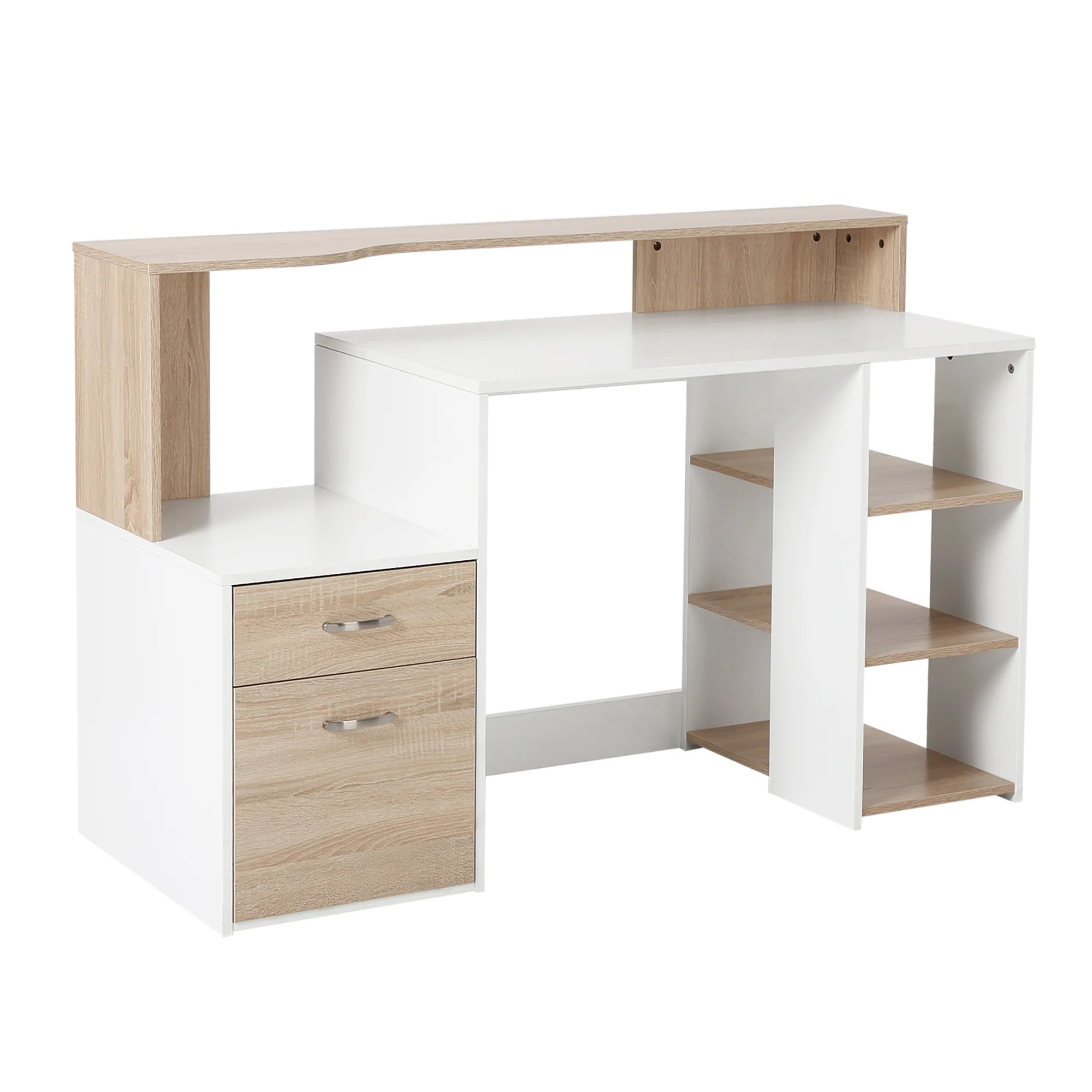Bureau informatique avec 2 tiroirs, bureau avec rangement, 137 x 55 x 92 cm, étagères ouvertes et tablette d'imprimante, style moderne, table d'ordinateur pour chambre, studio, chêne - Image 11