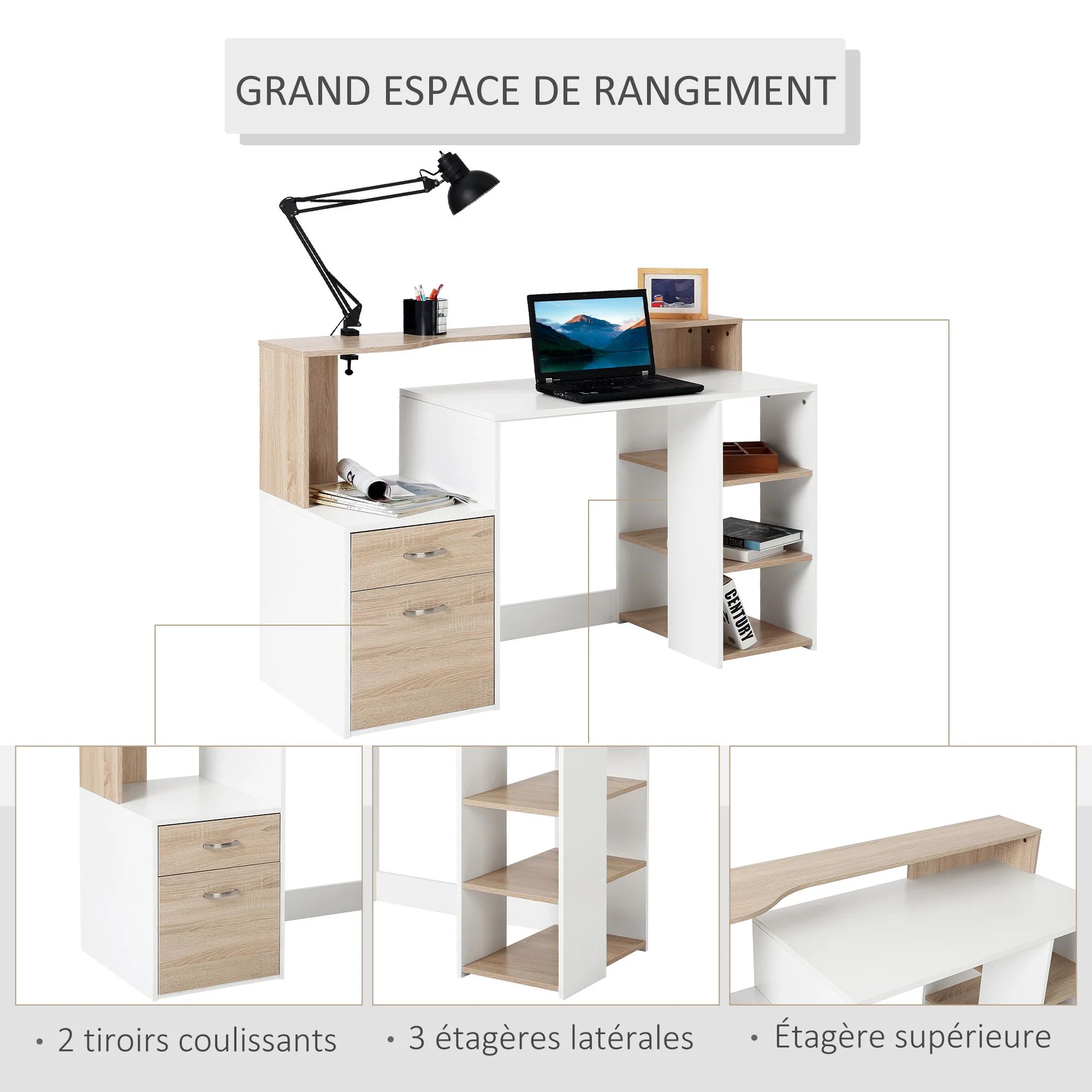Bureau informatique avec 2 tiroirs, bureau avec rangement, 137 x 55 x 92 cm, étagères ouvertes et tablette d'imprimante, style moderne, table d'ordinateur pour chambre, studio, chêne - Image 6