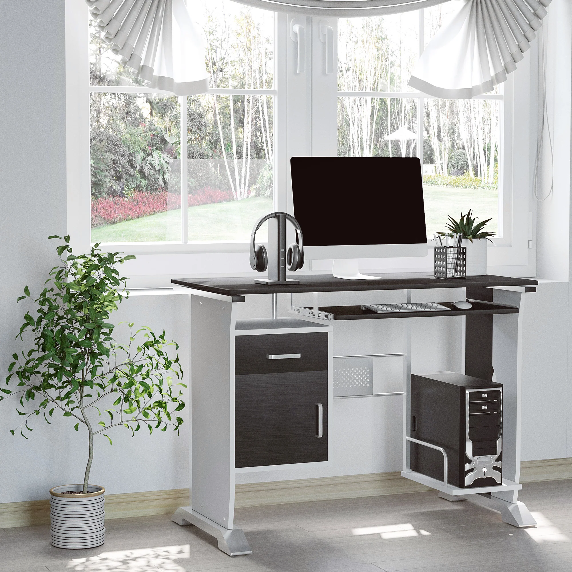 Bureau informatique design 100L x 52l x 75h cm brun noir et blanc - Image 3