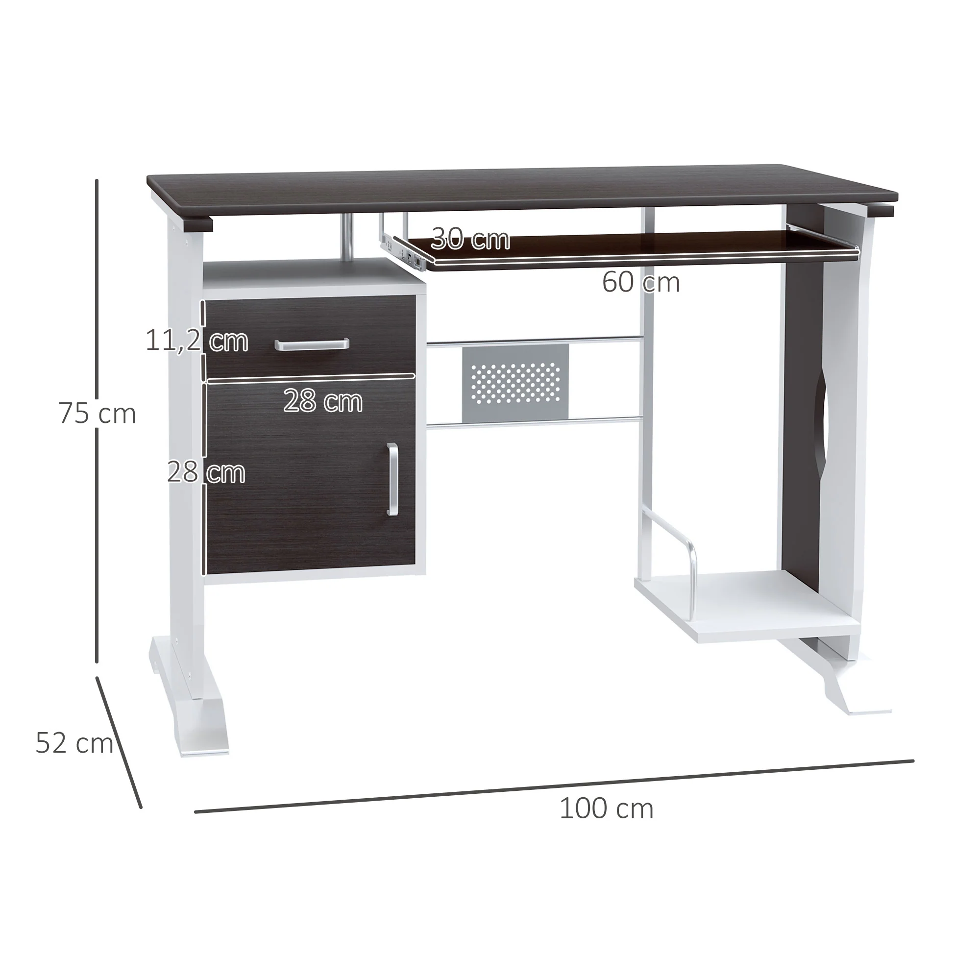 Bureau informatique design 100L x 52l x 75h cm brun noir et blanc - Image 4
