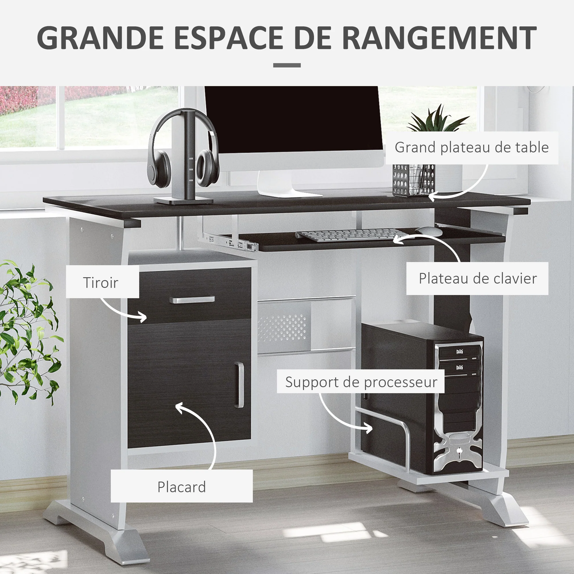 Bureau informatique design 100L x 52l x 75h cm brun noir et blanc - Image 5