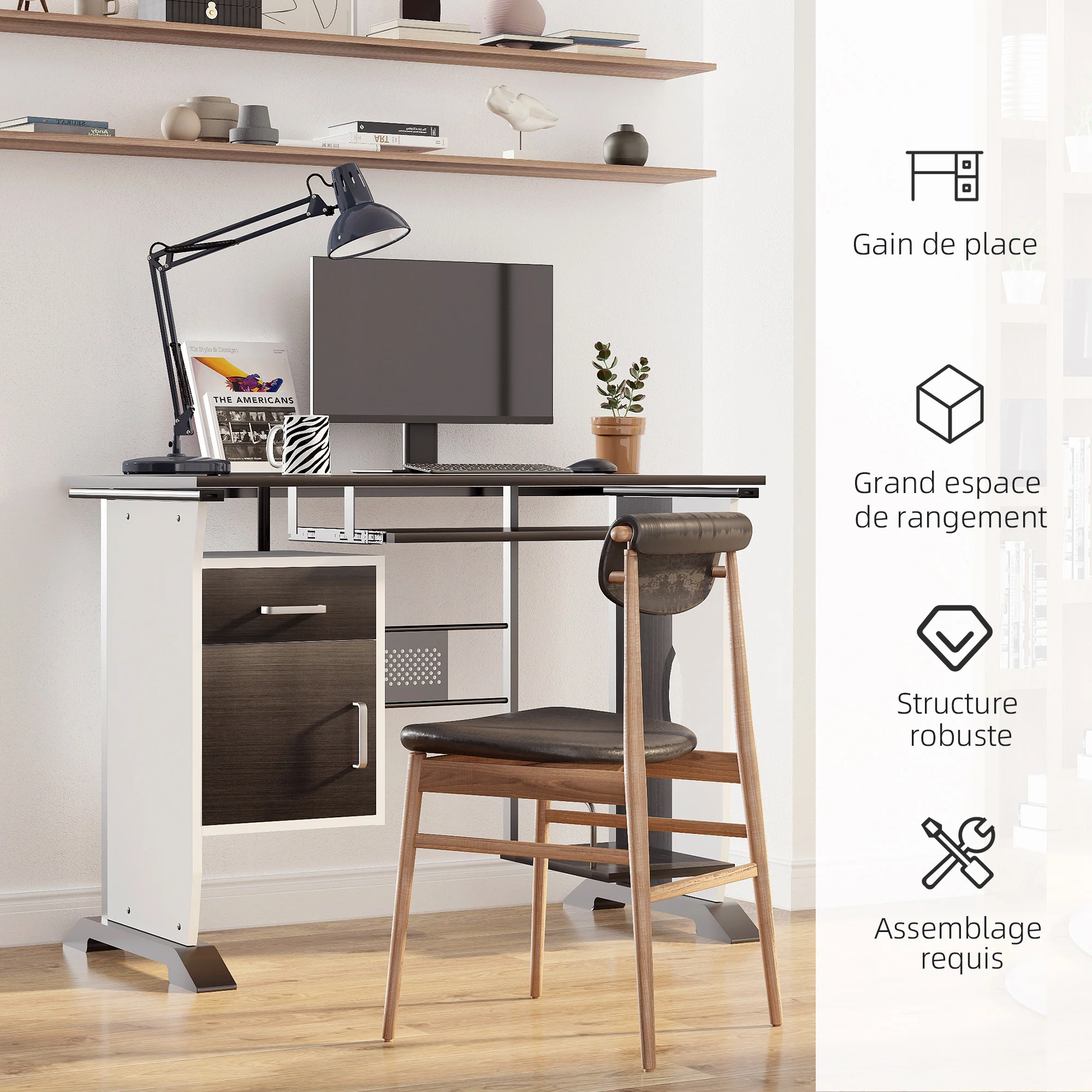 Bureau informatique design 100L x 52l x 75h cm brun noir et blanc - Image 7