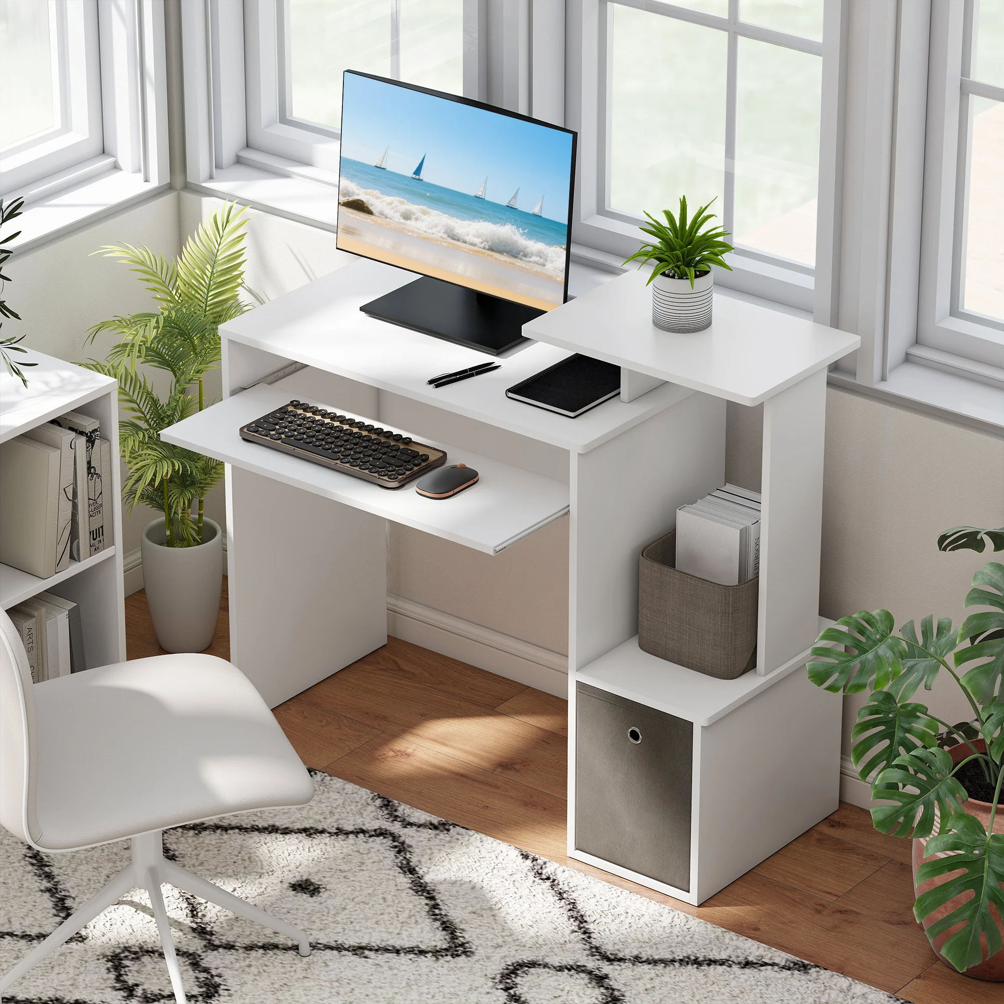 Bureau Informatique multimédia étagères Tablette Clavier Panier Gris Panneaux Particules Blanc - Image 3