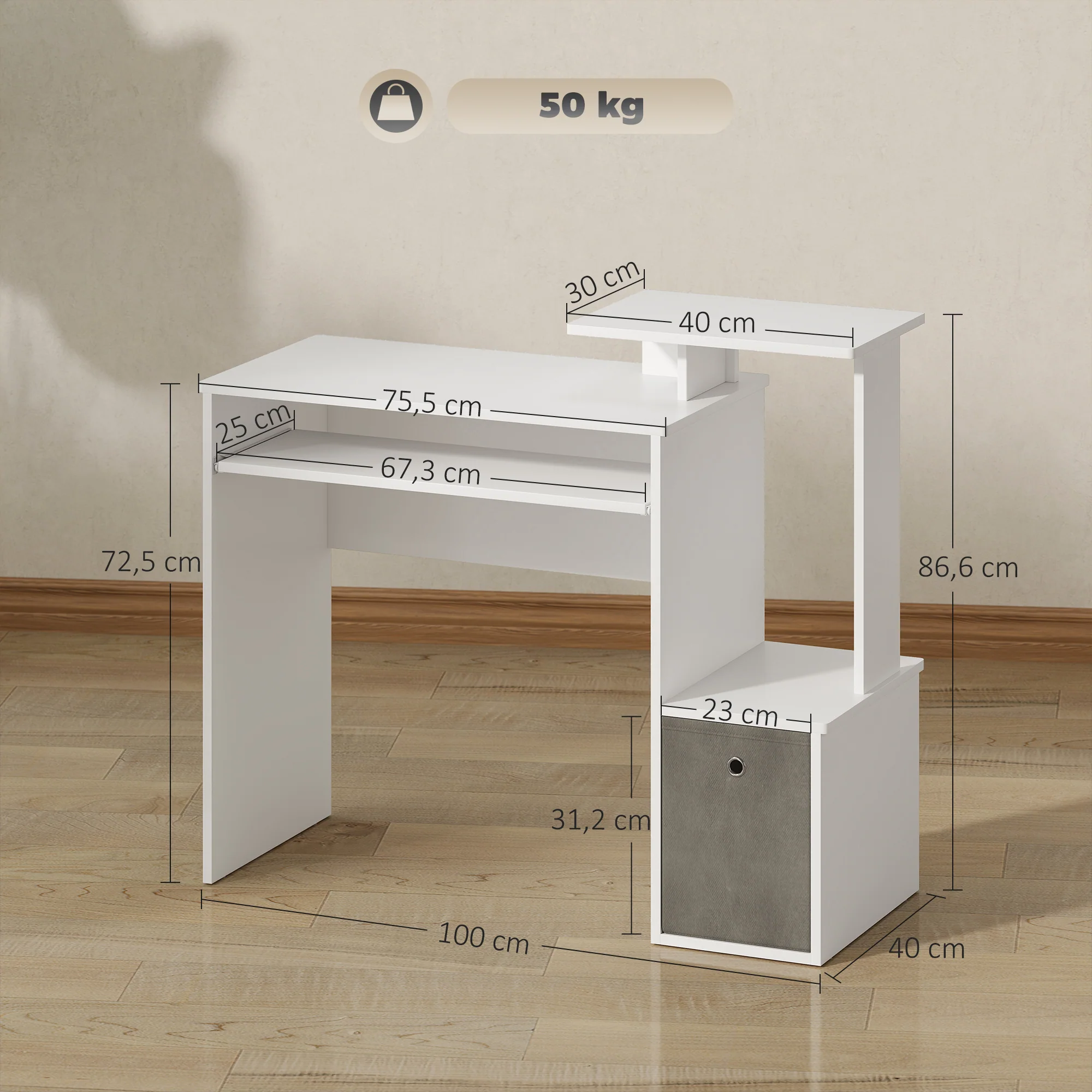 Bureau Informatique multimédia étagères Tablette Clavier Panier Gris Panneaux Particules Blanc - Image 4