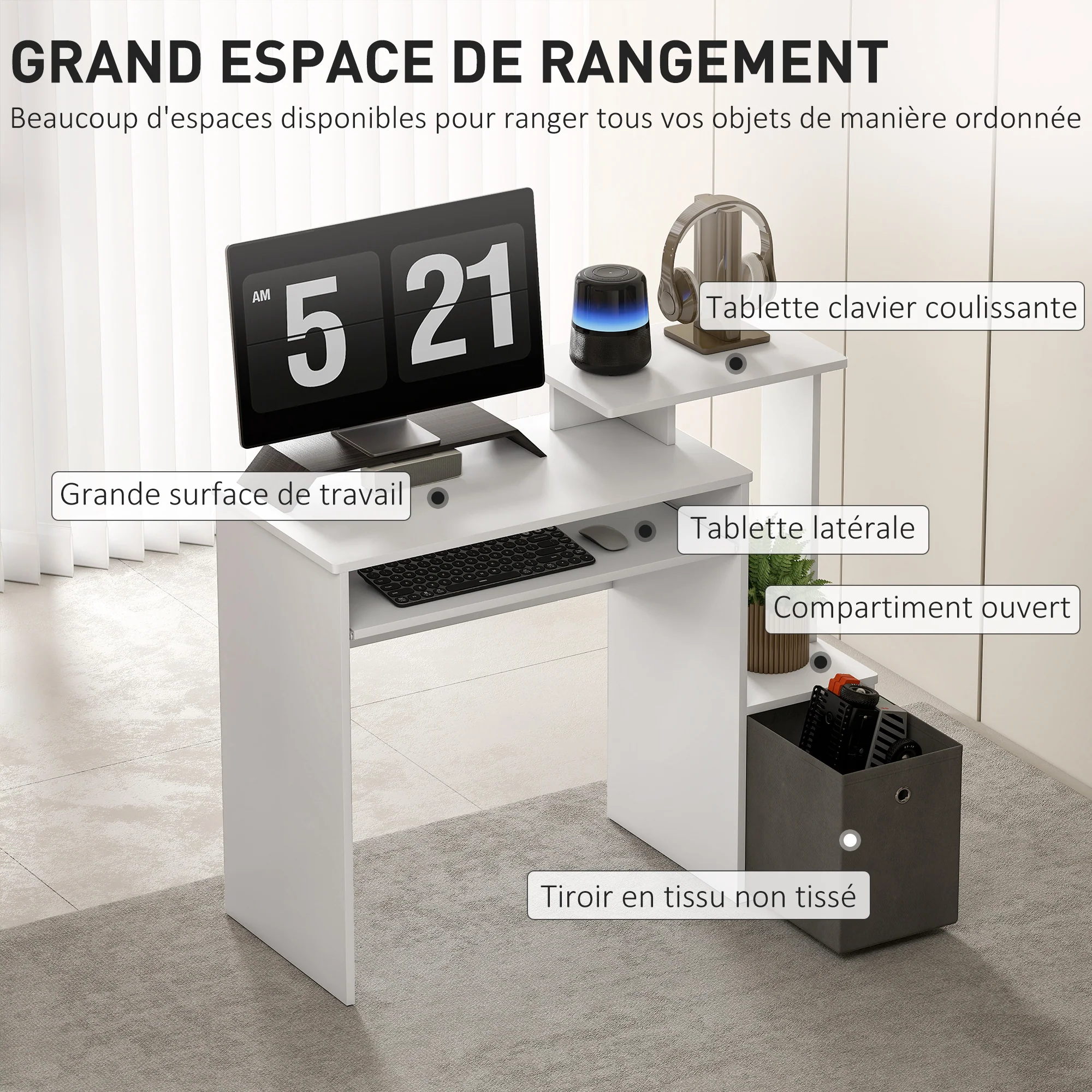 Bureau Informatique multimédia étagères Tablette Clavier Panier Gris Panneaux Particules Blanc - Image 5