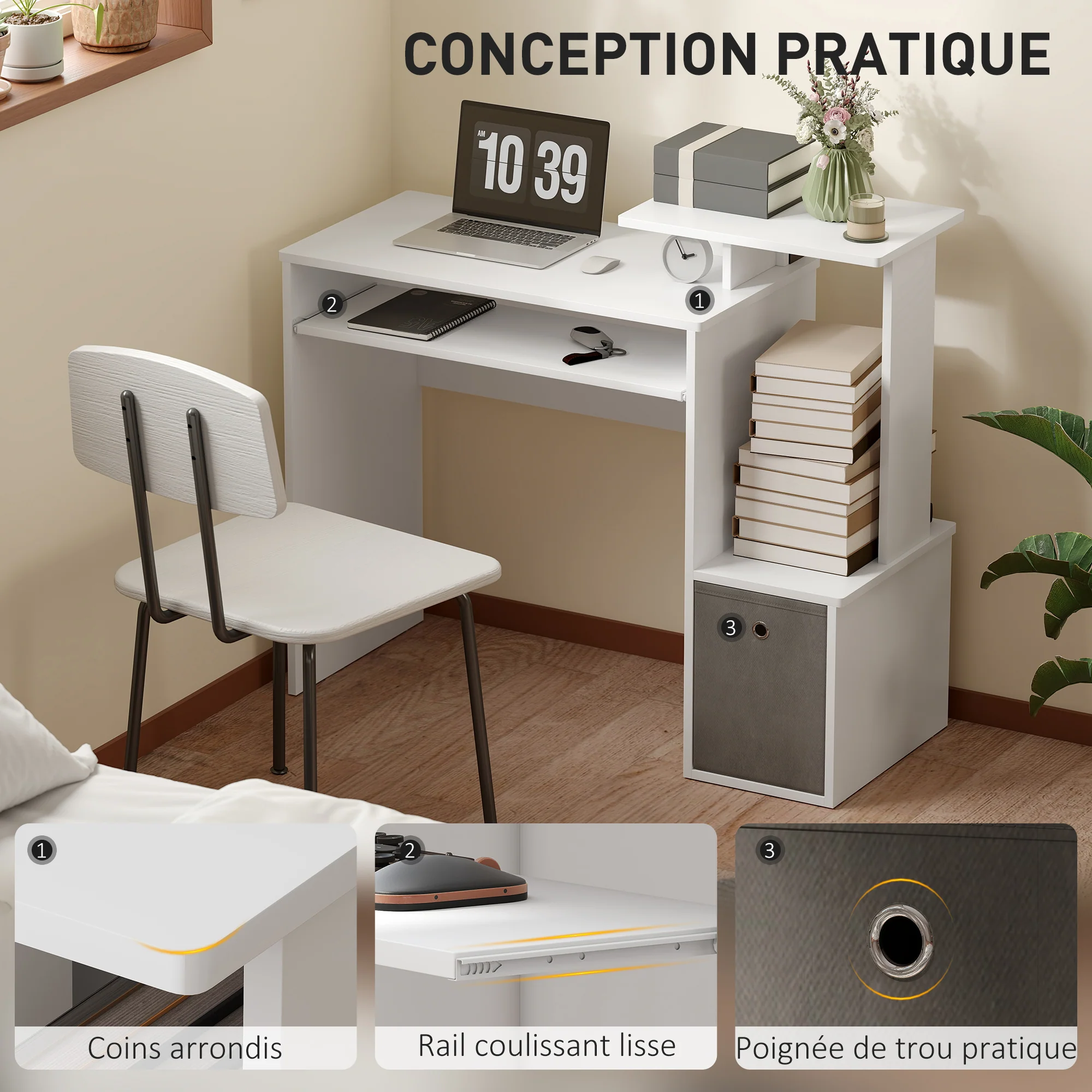 Bureau Informatique multimédia étagères Tablette Clavier Panier Gris Panneaux Particules Blanc - Image 7