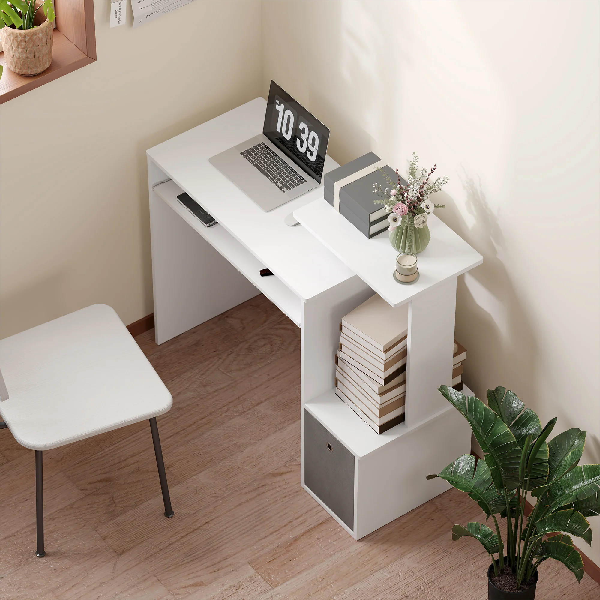 Bureau Informatique multimédia étagères Tablette Clavier Panier Gris Panneaux Particules Blanc - Image 9