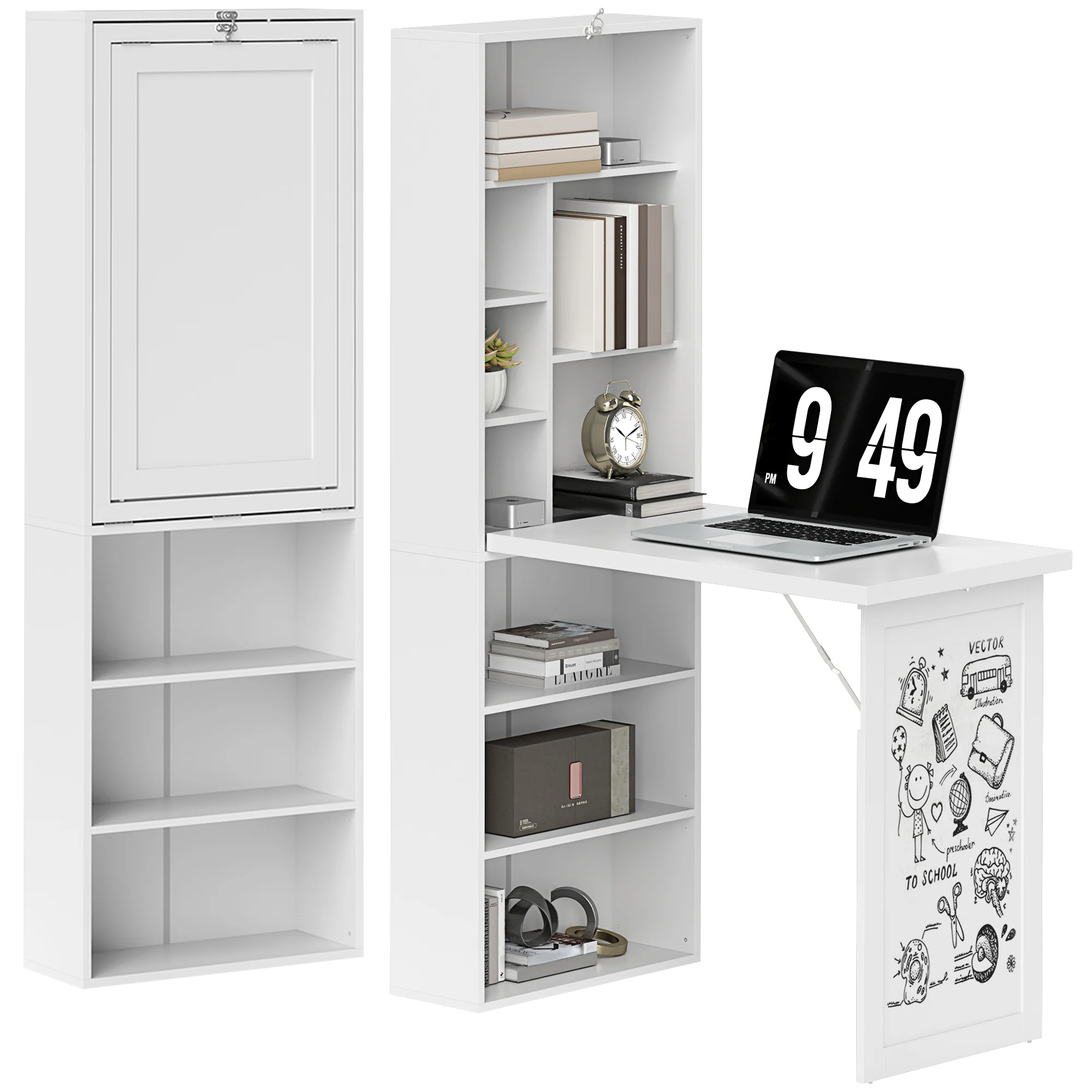 Bureau informatique pliable, bureau avec bibliothèque, poste de travail, tableau blanc, 9 compartiments ouverts et étagère réglable, table d'ordinateur pour chambre, 98x51x153cm, blanc - Image 11
