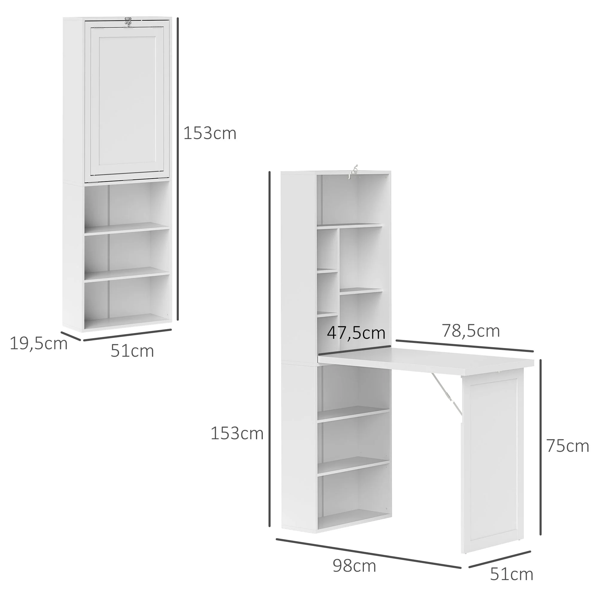 Bureau informatique pliable, bureau avec bibliothèque, poste de travail, tableau blanc, 9 compartiments ouverts et étagère réglable, table d'ordinateur pour chambre, 98x51x153cm, blanc - Image 4