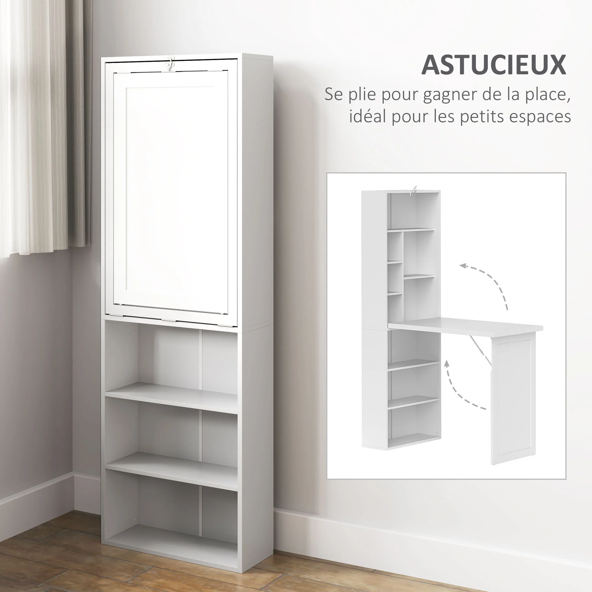 Bureau informatique pliable, bureau avec bibliothèque, poste de travail, tableau blanc, 9 compartiments ouverts et étagère réglable, table d'ordinateur pour chambre, 98x51x153cm, blanc - Image 5