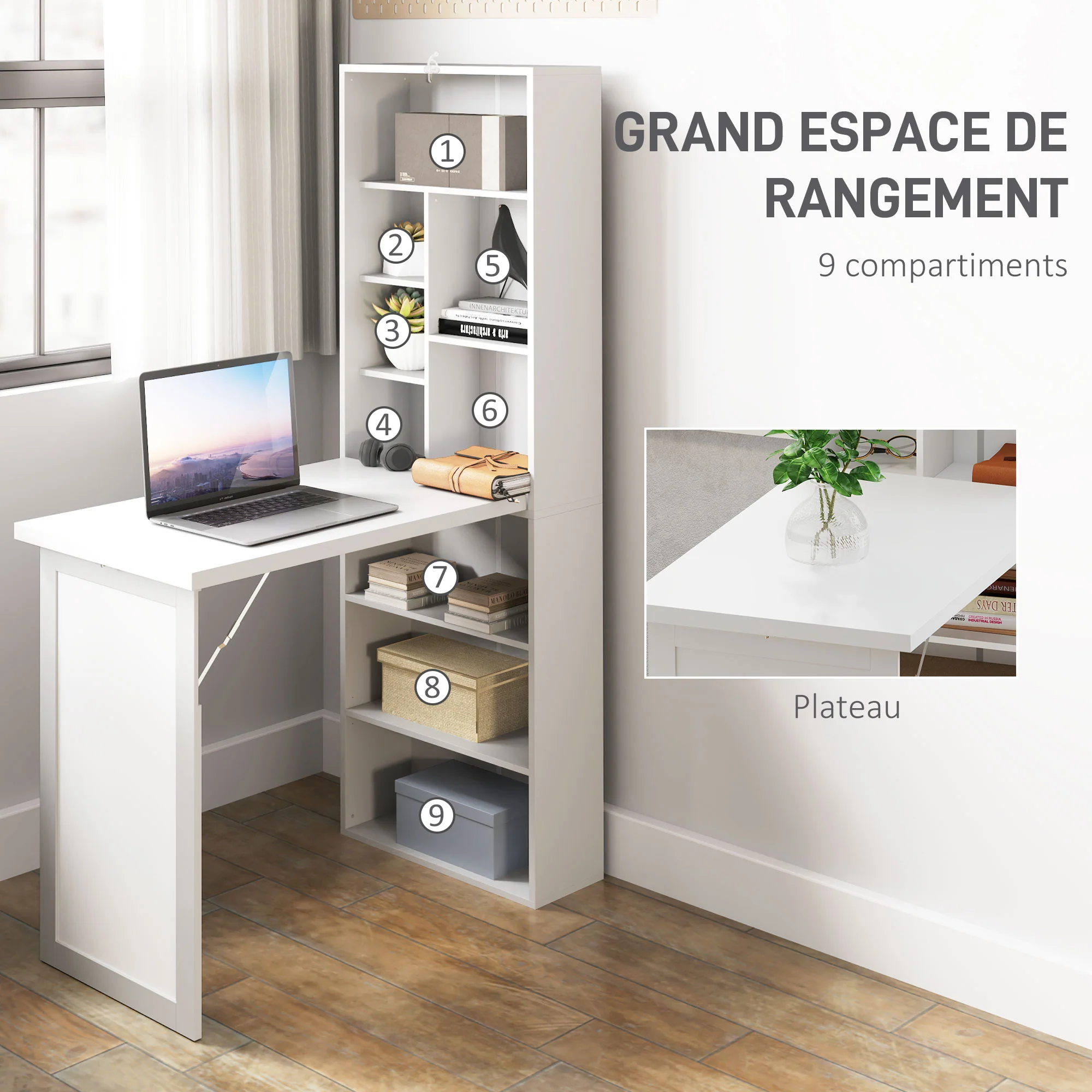 Bureau informatique pliable, bureau avec bibliothèque, poste de travail, tableau blanc, 9 compartiments ouverts et étagère réglable, table d'ordinateur pour chambre, 98x51x153cm, blanc - Image 6