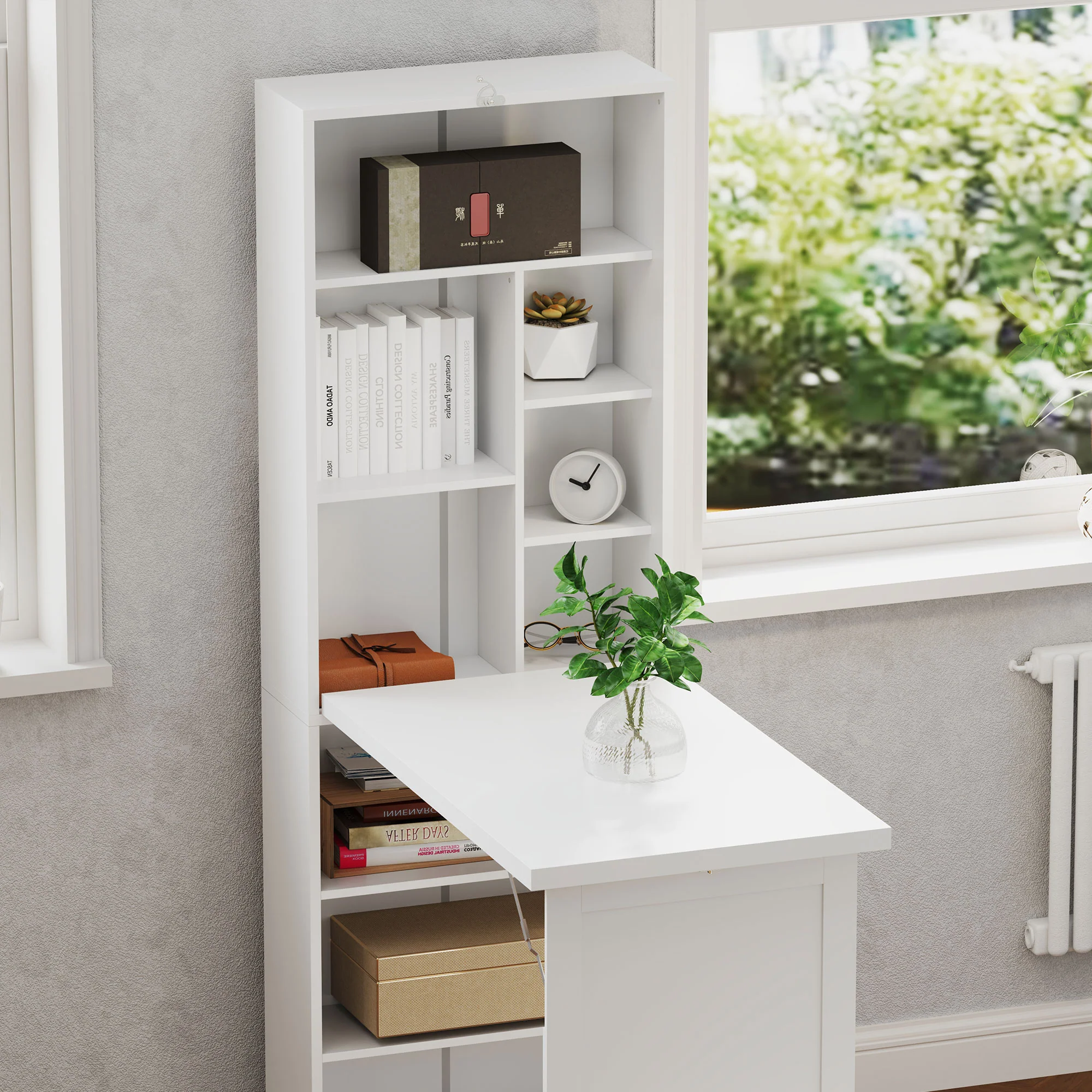 Bureau informatique pliable, bureau avec bibliothèque, poste de travail, tableau blanc, 9 compartiments ouverts et étagère réglable, table d'ordinateur pour chambre, 98x51x153cm, blanc - Image 9