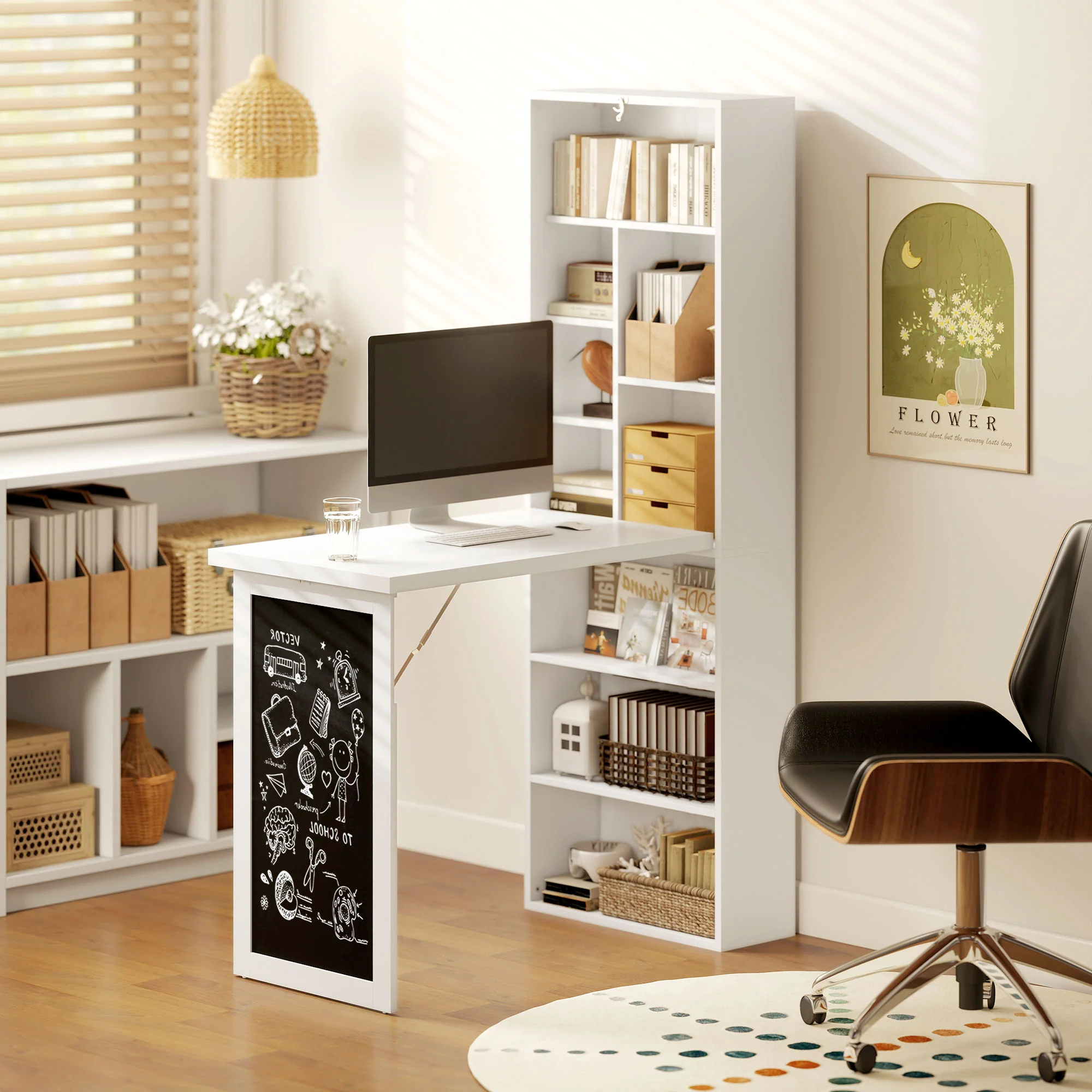 Bureau informatique pliable, bureau avec bibliothèque, poste de travail, tableau noir, 9 compartiments ouverts et étagère réglable, table d'ordinateur pour chambre, 98x51x153cm, blanc - Image 3