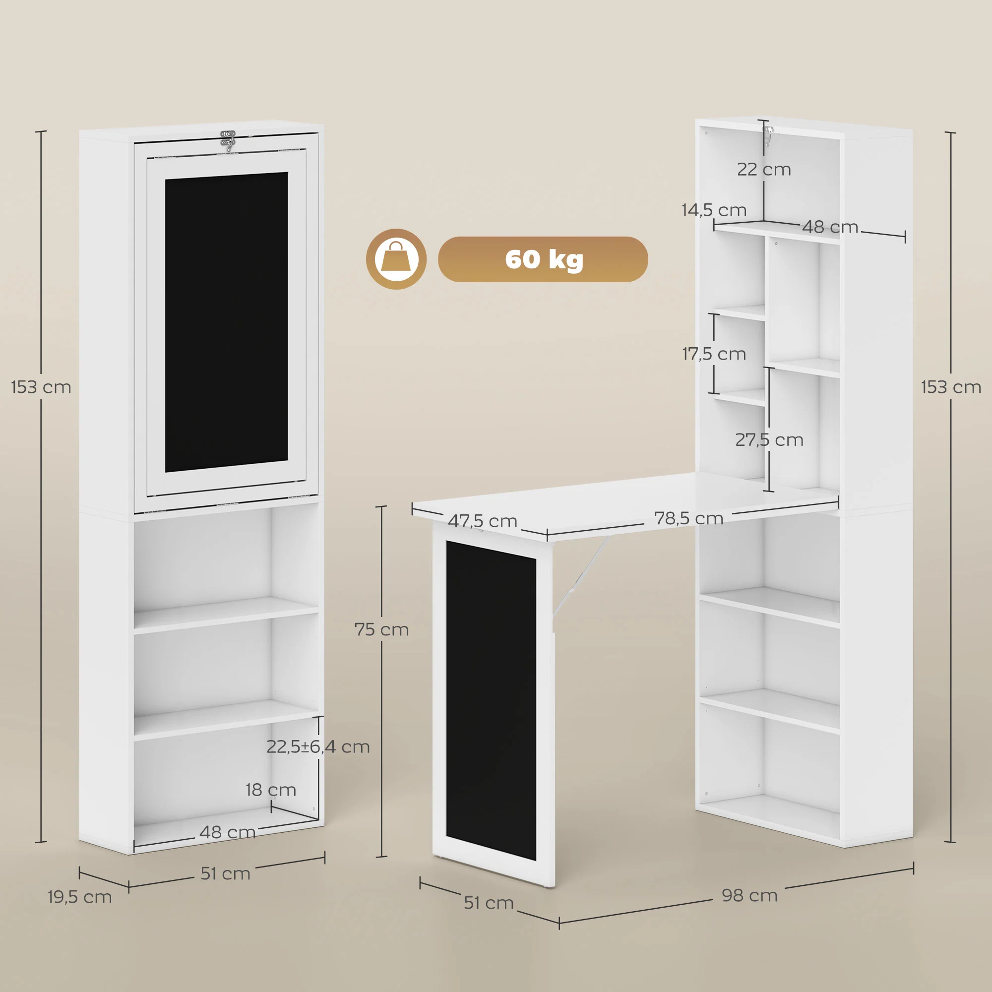 Bureau informatique pliable, bureau avec bibliothèque, poste de travail, tableau noir, 9 compartiments ouverts et étagère réglable, table d'ordinateur pour chambre, 98x51x153cm, blanc - Image 4