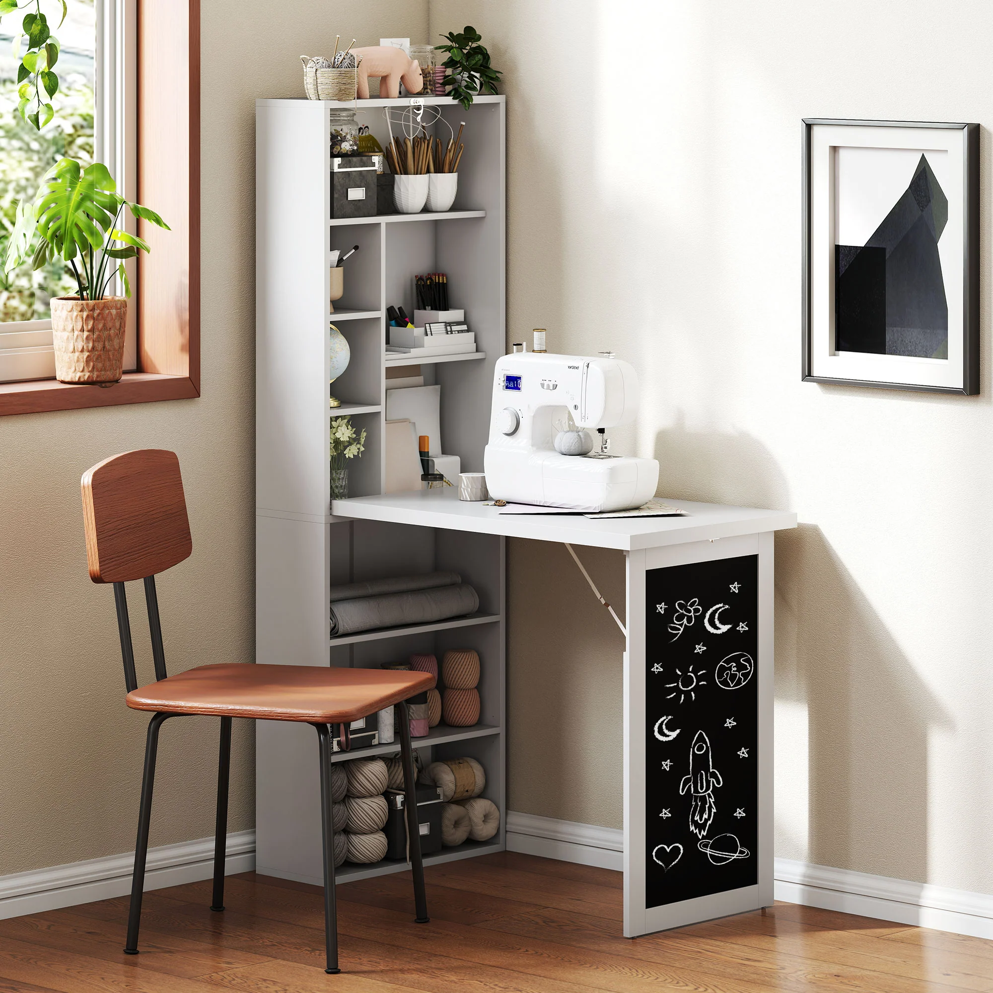 Bureau informatique pliable, bureau avec bibliothèque, poste de travail, tableau noir, 9 compartiments ouverts et étagère réglable, table d'ordinateur pour chambre, 98x51x153cm, blanc - Image 9