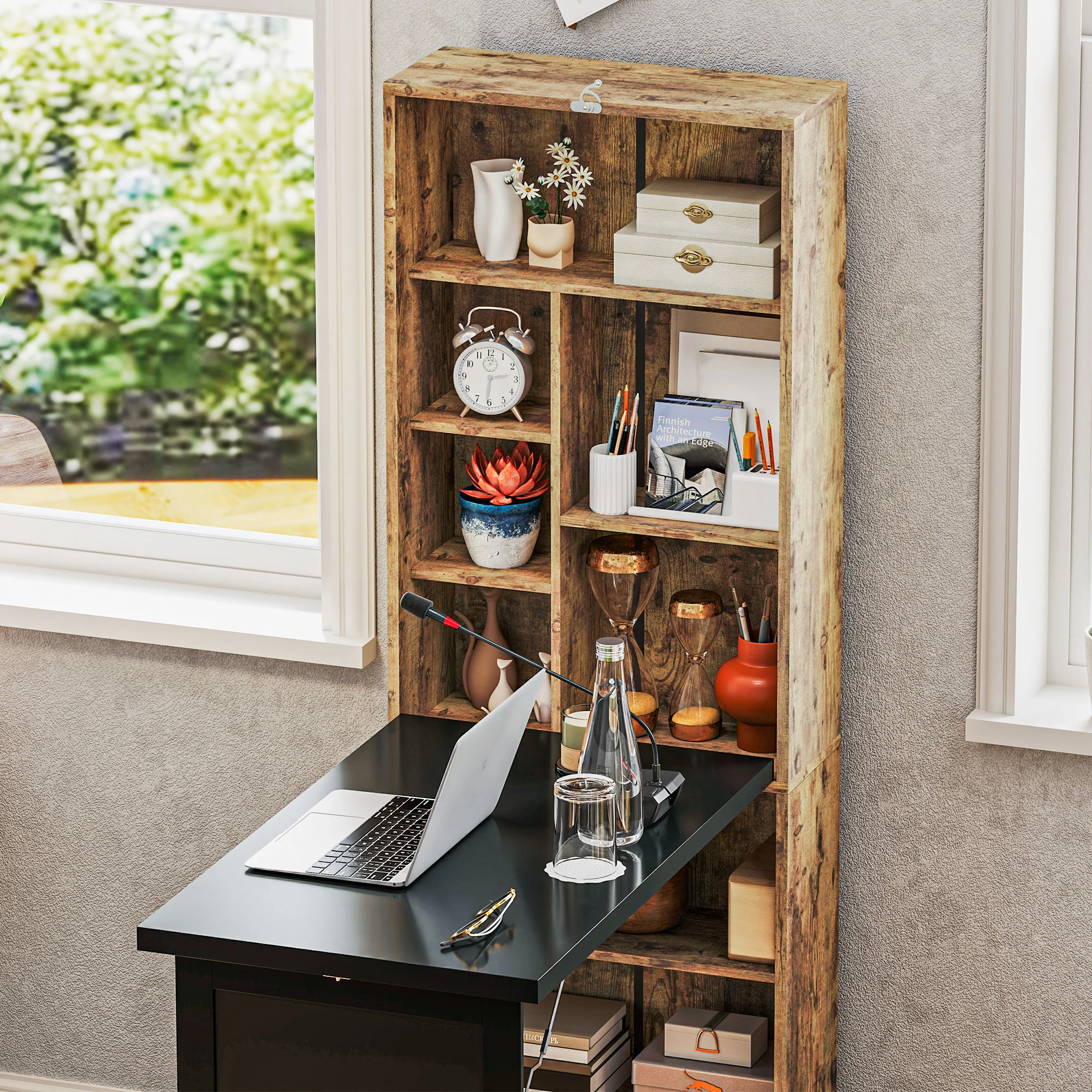 Bureau informatique pliable, bureau avec bibliothèque, poste de travail, tableau noir, 9 compartiments ouverts et étagère réglable, table d'ordinateur pour chambre, 98x51x153cm, brun rustique - Image 10