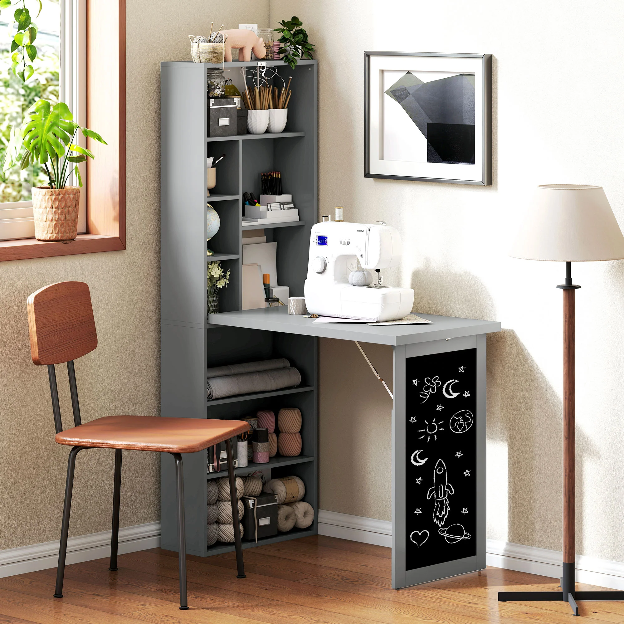 Bureau informatique pliable, bureau avec bibliothèque, poste de travail, tableau noir, 9 compartiments ouverts et étagère réglable, table d'ordinateur pour chambre, 98x51x153cm, gris - Image 10
