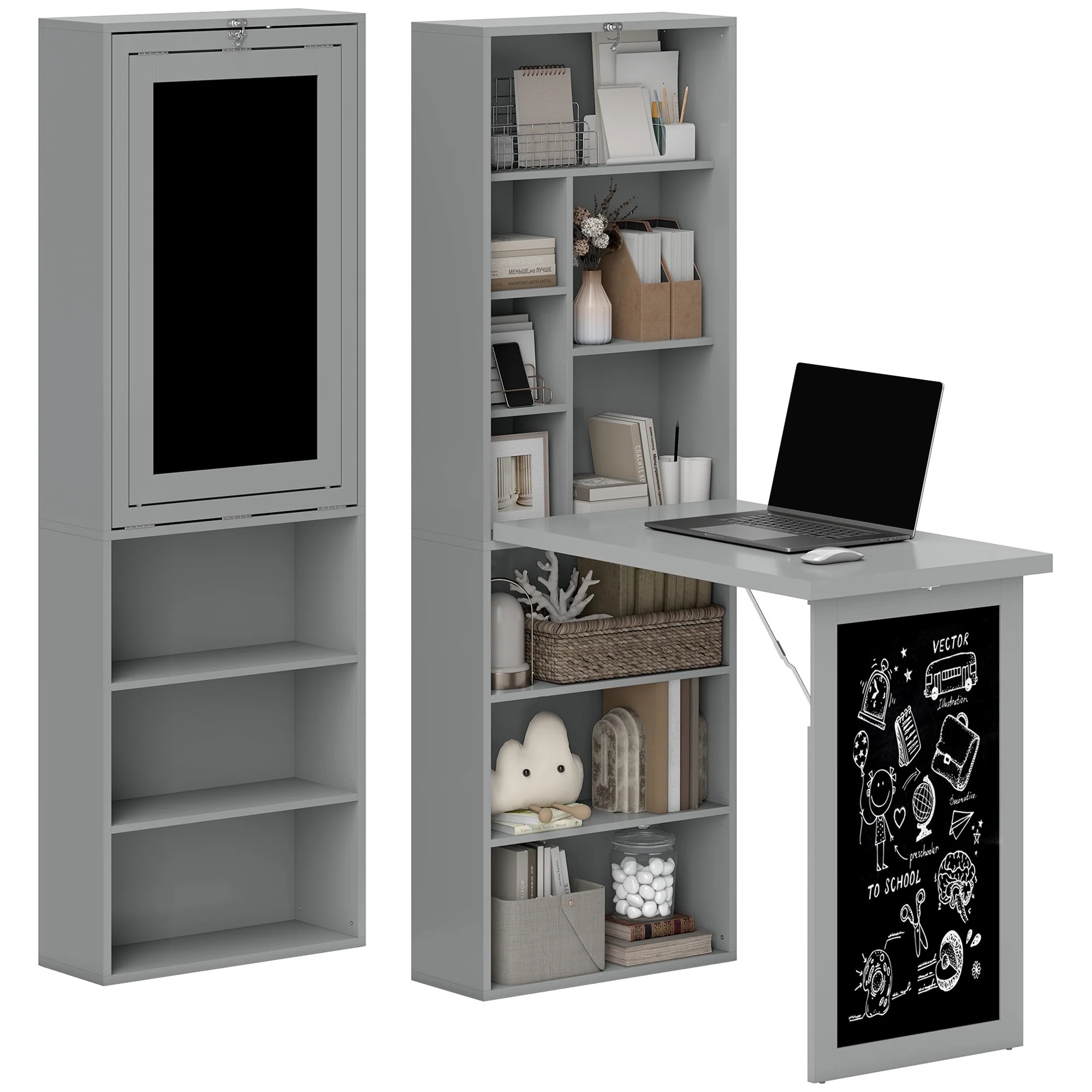 Bureau informatique pliable, bureau avec bibliothèque, poste de travail, tableau noir, 9 compartiments ouverts et étagère réglable, table d'ordinateur pour chambre, 98x51x153cm, gris - Image 11