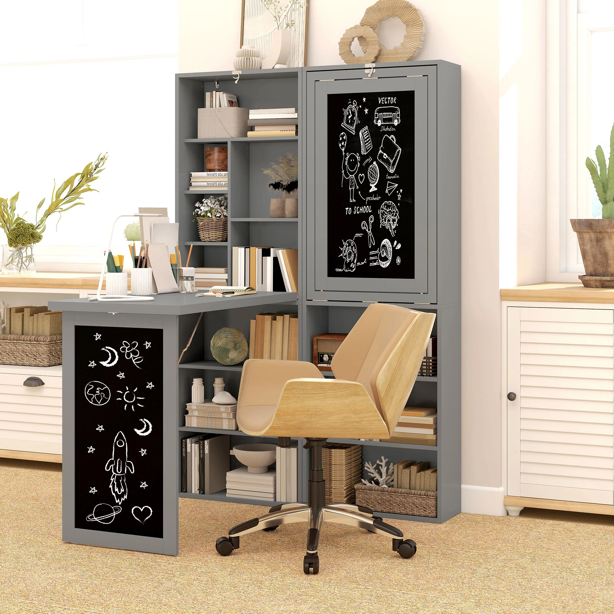 Bureau informatique pliable, bureau avec bibliothèque, poste de travail, tableau noir, 9 compartiments ouverts et étagère réglable, table d'ordinateur pour chambre, 98x51x153cm, gris - Image 3