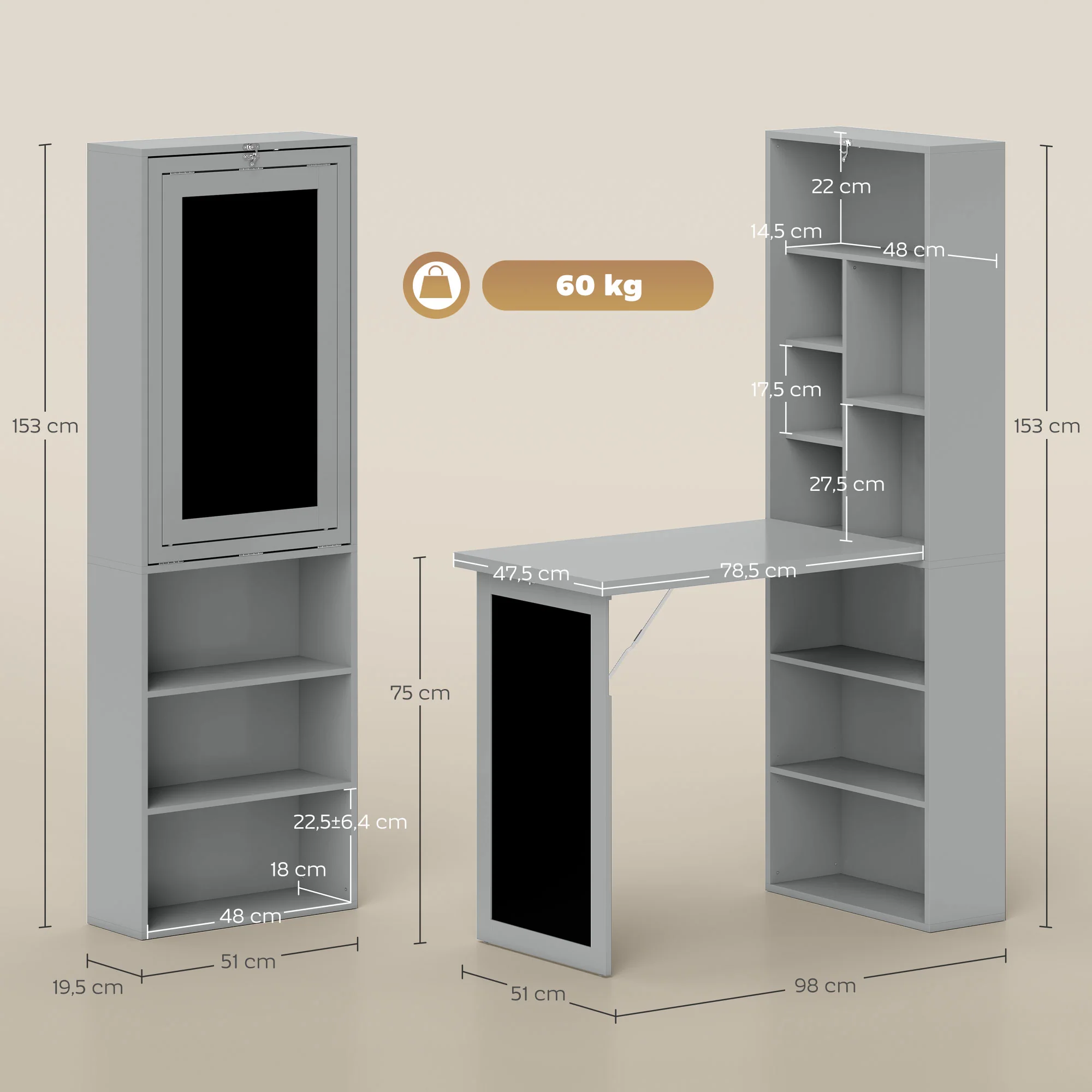 Bureau informatique pliable, bureau avec bibliothèque, poste de travail, tableau noir, 9 compartiments ouverts et étagère réglable, table d'ordinateur pour chambre, 98x51x153cm, gris - Image 4