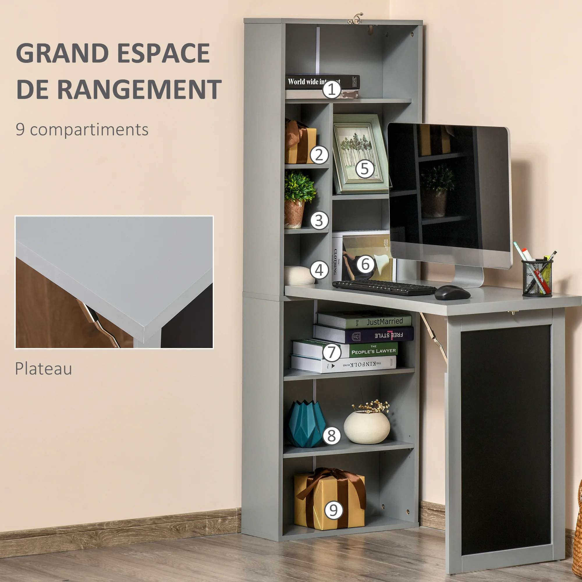 Bureau informatique pliable, bureau avec bibliothèque, poste de travail, tableau noir, 9 compartiments ouverts et étagère réglable, table d'ordinateur pour chambre, 98x51x153cm, gris - Image 6