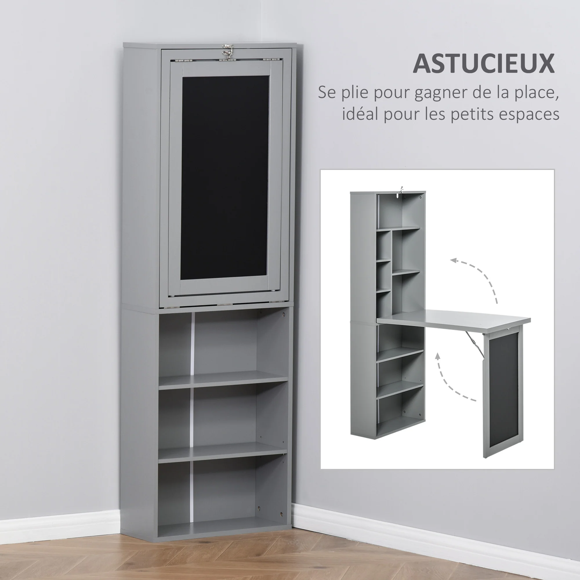 Bureau informatique pliable, bureau avec bibliothèque, poste de travail, tableau noir, 9 compartiments ouverts et étagère réglable, table d'ordinateur pour chambre, 98x51x153cm, gris - Image 7
