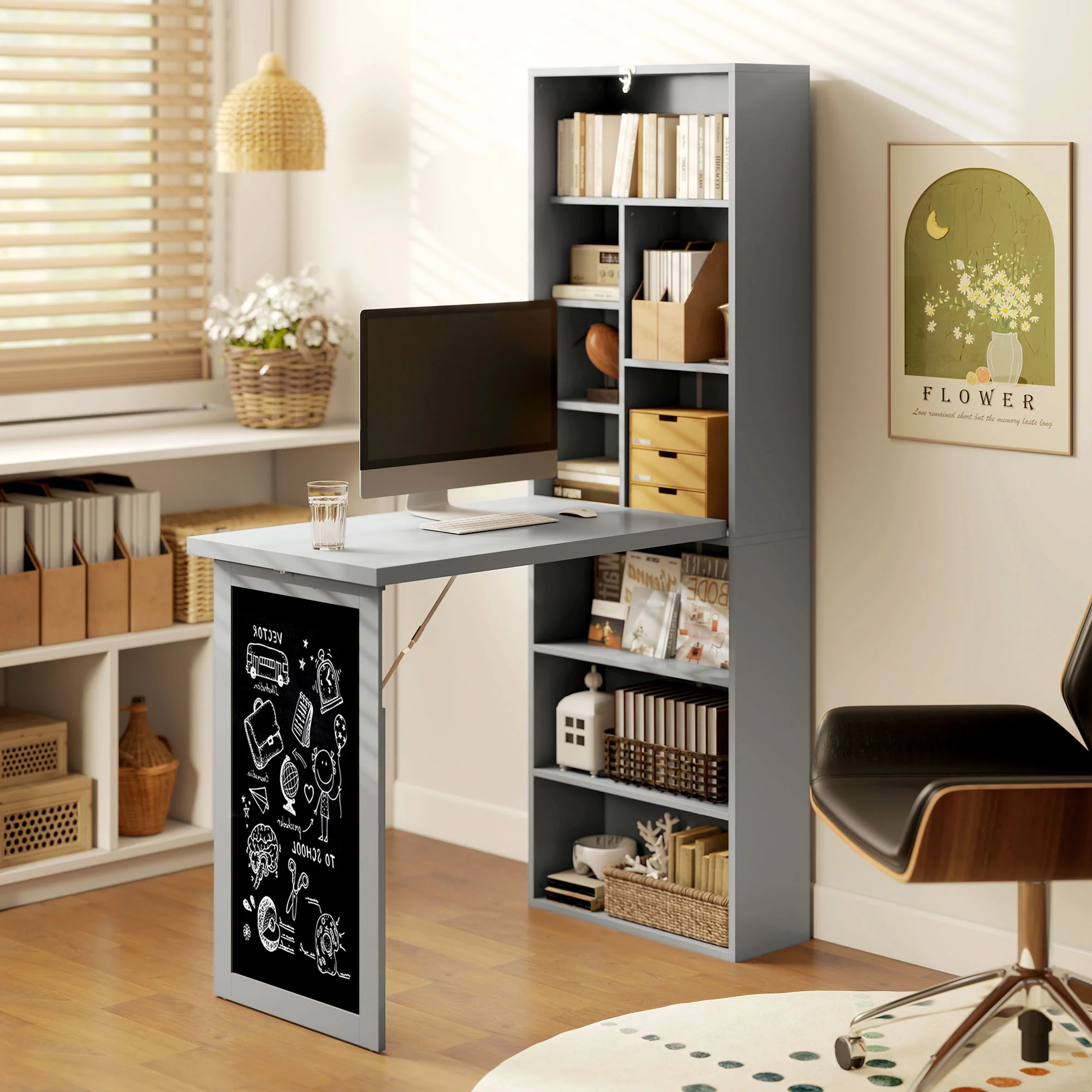 Bureau informatique pliable, bureau avec bibliothèque, poste de travail, tableau noir, 9 compartiments ouverts et étagère réglable, table d'ordinateur pour chambre, 98x51x153cm, gris - Image 9