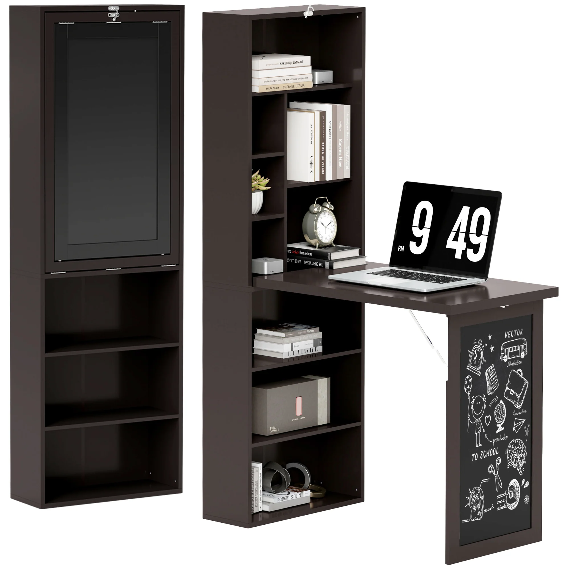 Bureau informatique pliable, bureau avec bibliothèque, poste de travail, tableau noir, 9 compartiments ouverts et étagère réglable, table d'ordinateur pour chambre, 98x51x153cm, marron - Image 11