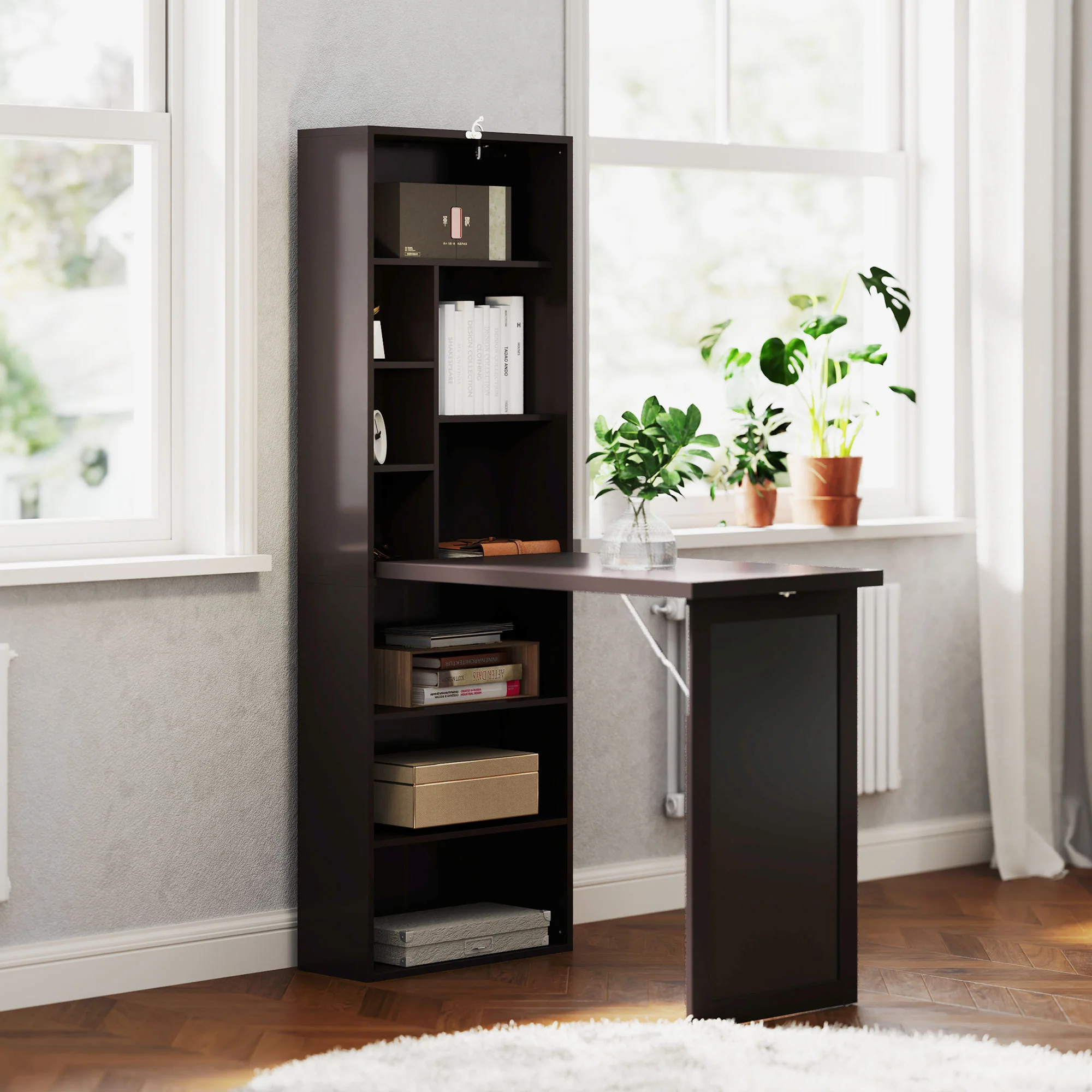 Bureau informatique pliable, bureau avec bibliothèque, poste de travail, tableau noir, 9 compartiments ouverts et étagère réglable, table d'ordinateur pour chambre, 98x51x153cm, marron - Image 3