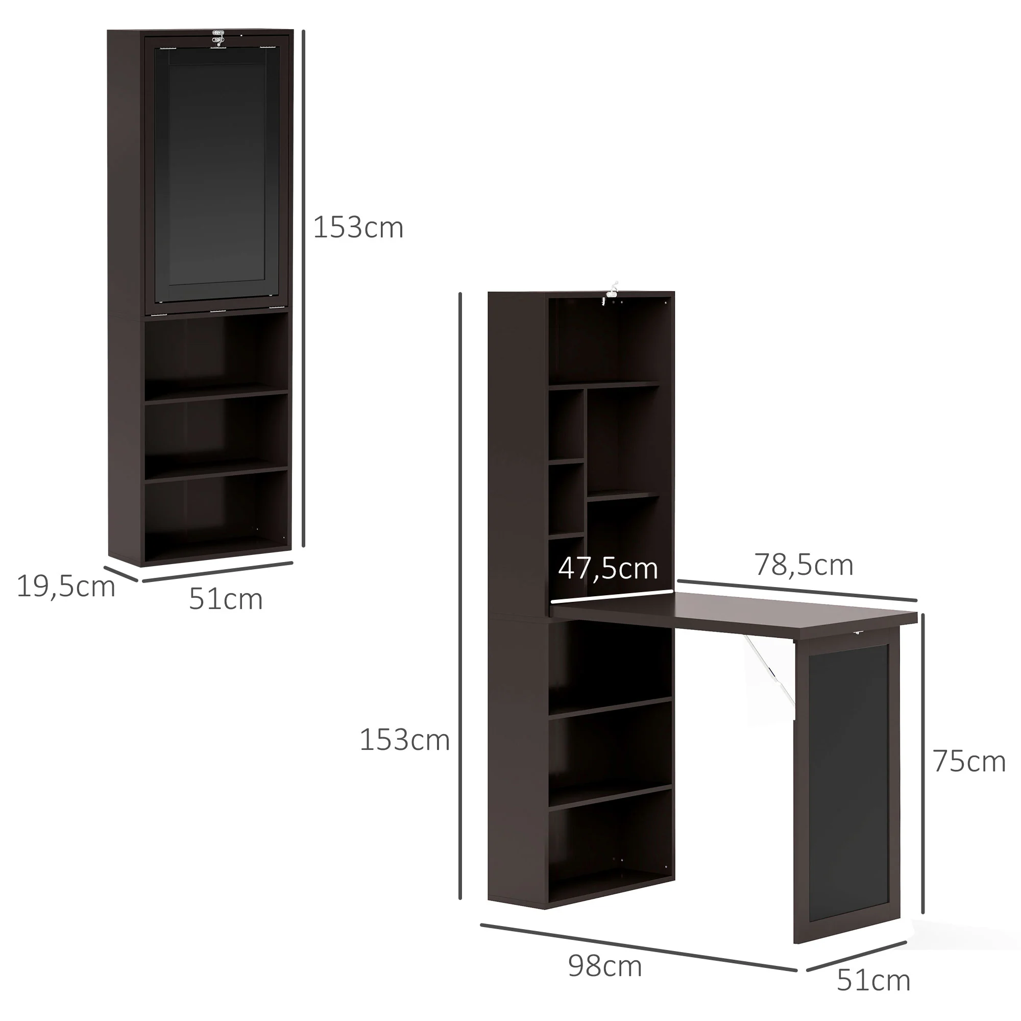 Bureau informatique pliable, bureau avec bibliothèque, poste de travail, tableau noir, 9 compartiments ouverts et étagère réglable, table d'ordinateur pour chambre, 98x51x153cm, marron - Image 4